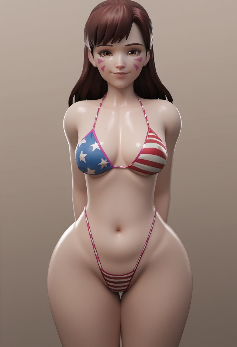 1girls, ai generated, american flag bikini, arms behind back, big breasts, bikini, breasts, brown hair, d.va, female, highleg panties, long hair, looking at viewer, overwatch, overwatch 2, smile, solo, thick thighs, thighs, wide hips