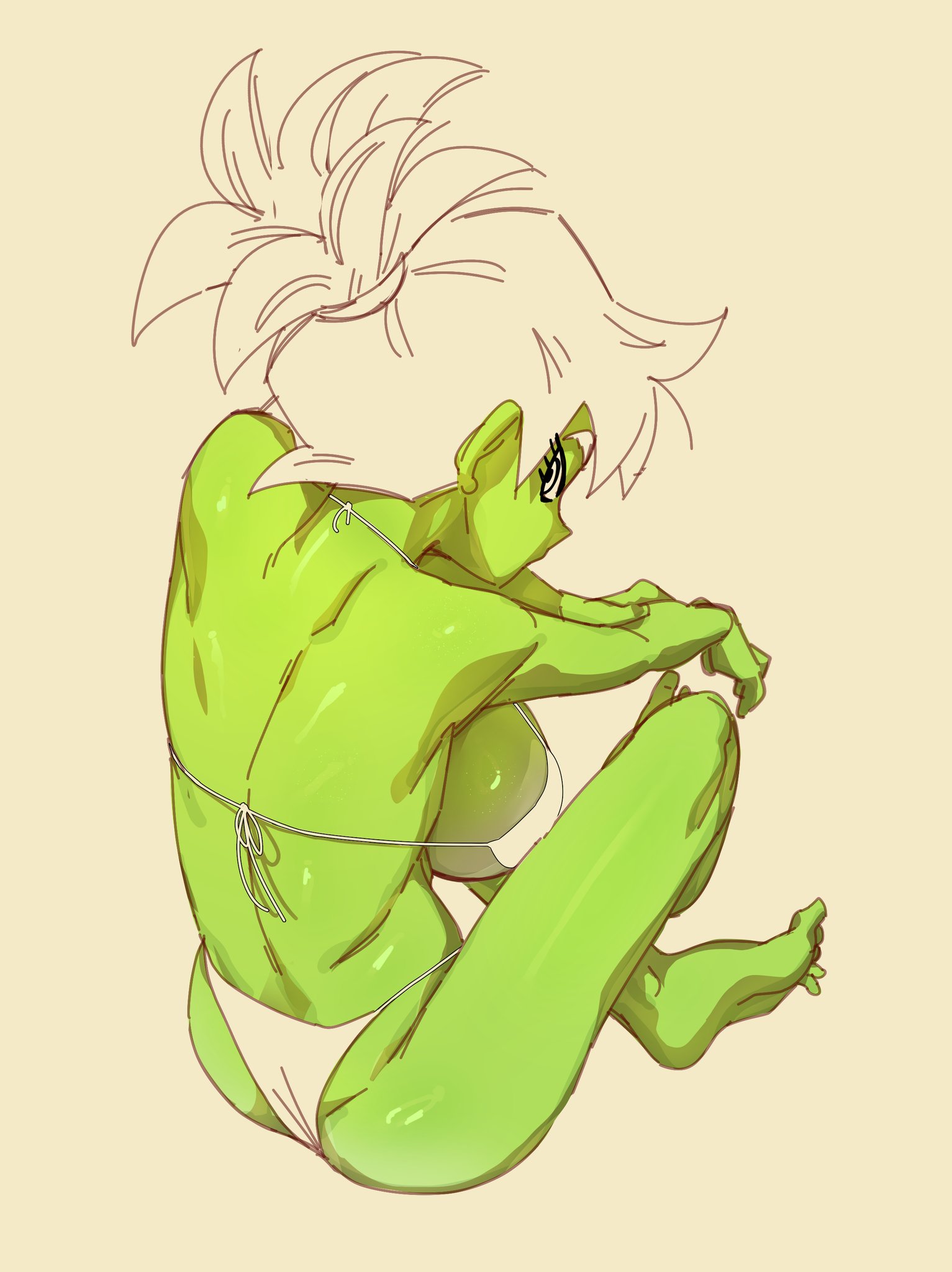 1girls, big breasts, bra, breasts, cheelai, dragon ball, dragon ball super, female, green skin, solo