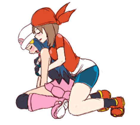 2girls ass bike_shorts boots breasts clothed dawn_(pokemon) female female_only human human_only kneeling may_(pokemon) multiple_girls nintendo pokemon pokemon_dppt pokemon_rse sitting wariza yondu yuri