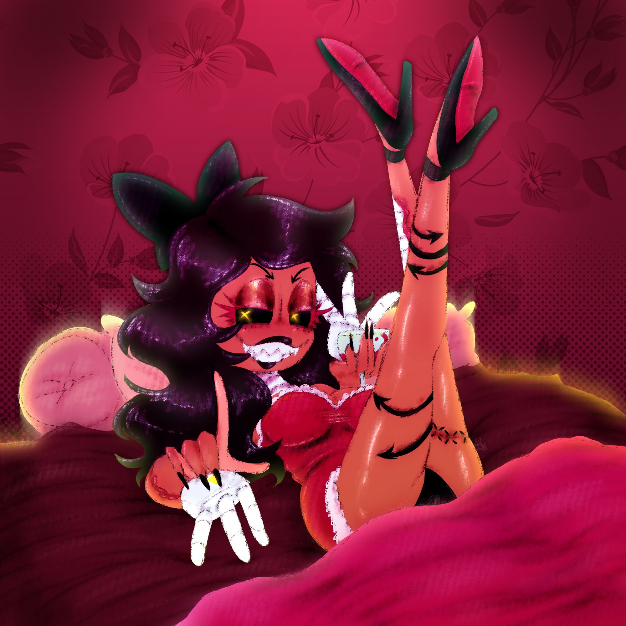 bedroom, bedroom eyes, cyn (murder drones), cyntessa (murder drones), female, female only, high heels, legs up, lingerie, lying on back, lying on bed, murder drones, nightwear, raynbowfuck, robot, robot girl, skinsuit, sleepwear, wearing skin