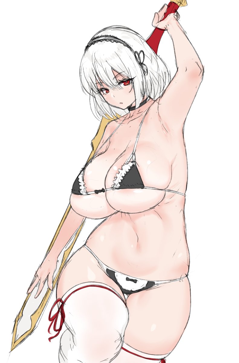 1girls, azur lane, big breasts, bikini, breasts, burakku-ra, cleavage, female, female only, large breasts, looking at viewer, sirius (azur lane), solo, thighhighs