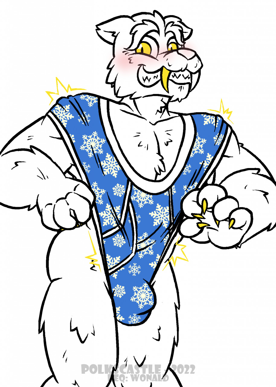 1boy 2020s 2022 5_fingers ass blue_underwear blush bulge clenched_teeth fangs fur furry furry_only legends_of_chima lego male male_only polkscastle simple_background sir_fangar_(legends_of_chima) snowflake_print solo underwear wedgie white_background white_fur wolf yellow_eyes