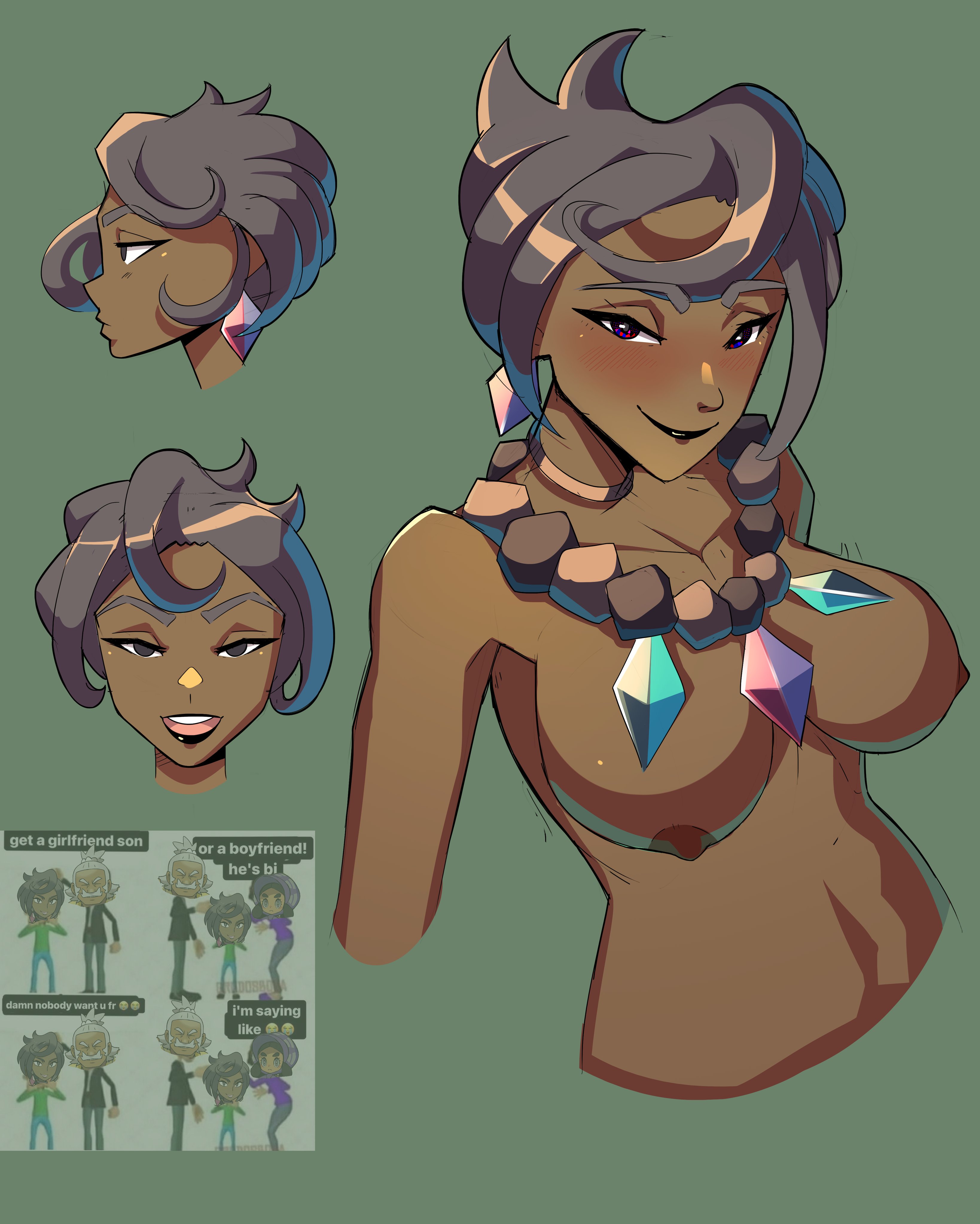 2girls, armpits, bedroom eyes, belly button, big boobs, big breasts, black lipstick, black nipples, blush, blushing, breasts, brown hair, brown skin, dark skin, dark-skinned female, earrings, eyebrows, fat tits, female, game freak, grin, hala (pokemon), hapu (pokemon), incogumbrella, jewelry, lipstick, meme, navel, necklace, nintendo, olivia (pokemon), pokemon, pokemon sm, rocks, short hair, smile, smug, tits, tits out, toned, toned female, topless female, yuri