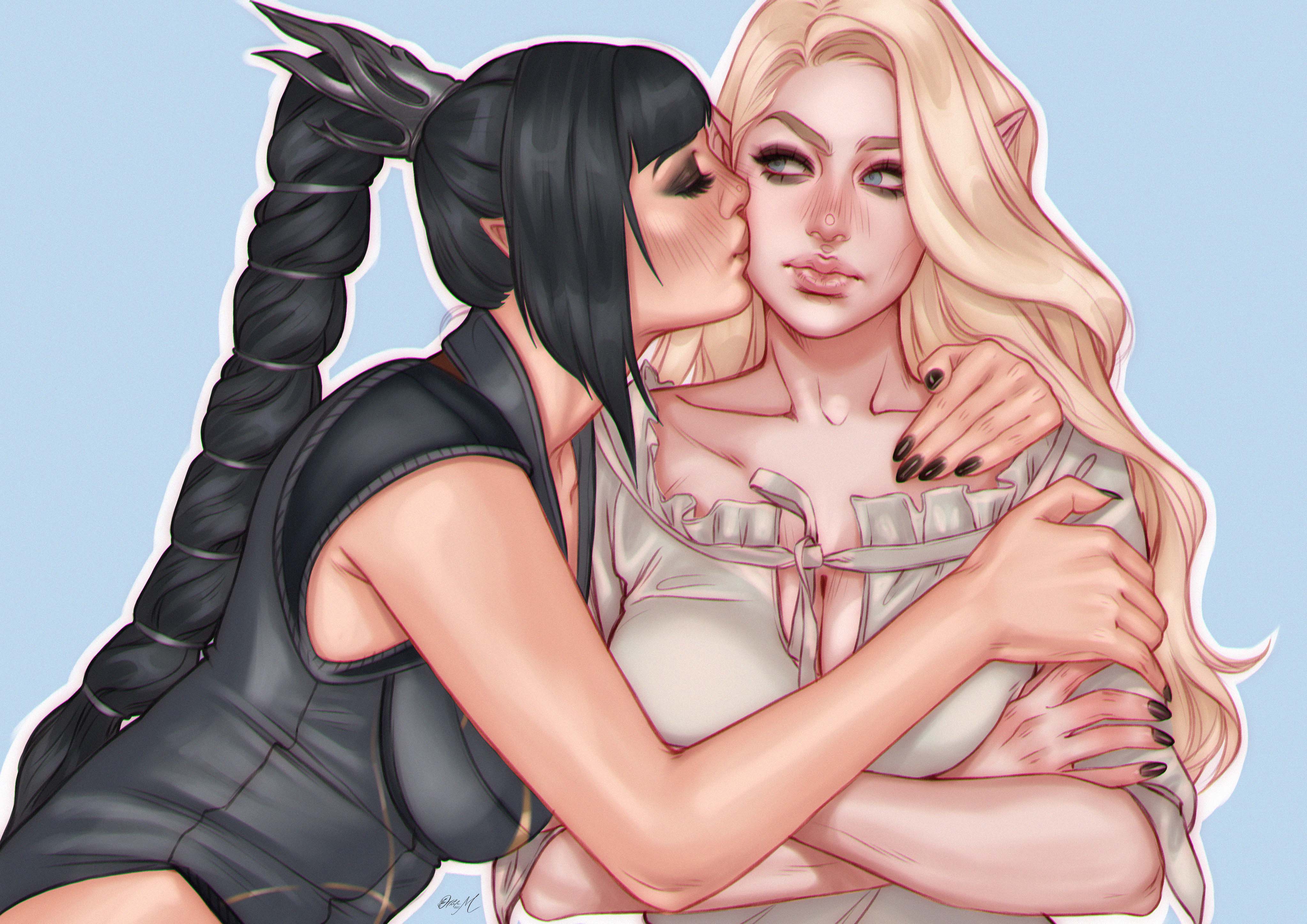 2girls, baldur's gate 3, blonde hair, dungeons and dragons, elf, female, female only, forgotten realms, front-tie top, kissing, kissing cheek, large breasts, original character, othalam, shadowheart, tagme, wholesome, yuri