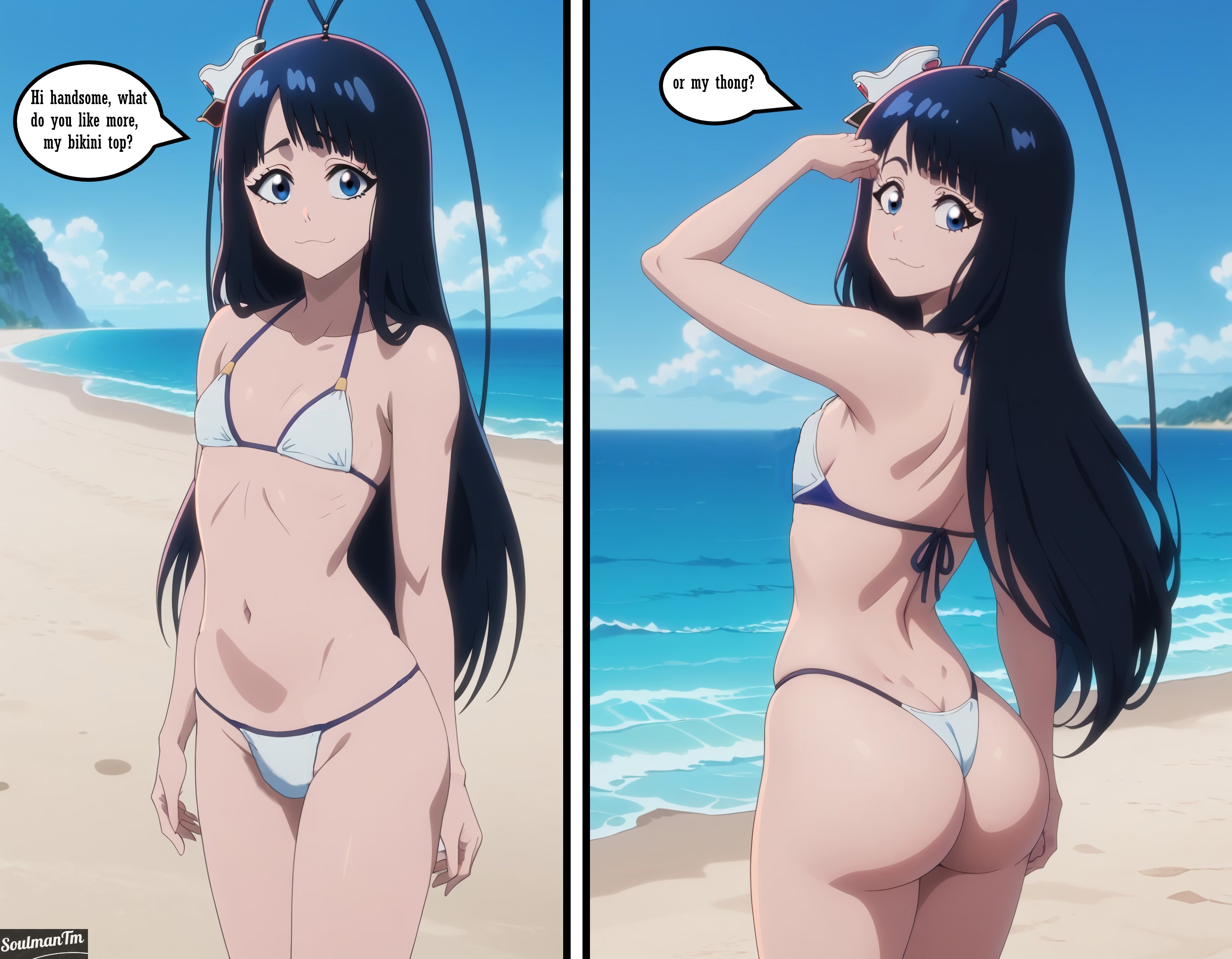 1femboy, 1futa, ai generated, anime, anime style, armpits, artist logo, artist name, ass, ass focus, bangs, beach, beach background, big ass, big butt, bikini, bikini top, black hair, bleach, bleach brave souls, bleach: the thousand-year blood war, breasts, bubble ass, bubble butt, butt focus, english, english text, female, flat breasts, flirting with viewer, futa only, futanari, giselle gewelle, intersex, looking at viewer, looking back, looking back at viewer, male, male only, multiple views, pose, quincy (bleach), sand, sexy pose, side view, soulmantm, speaking, speaking to viewer, speech bubble, standing, sternritter, talking, talking to viewer, text, thong, thong bikini, trans woman, two panel image, two perspectives, white body, white skin