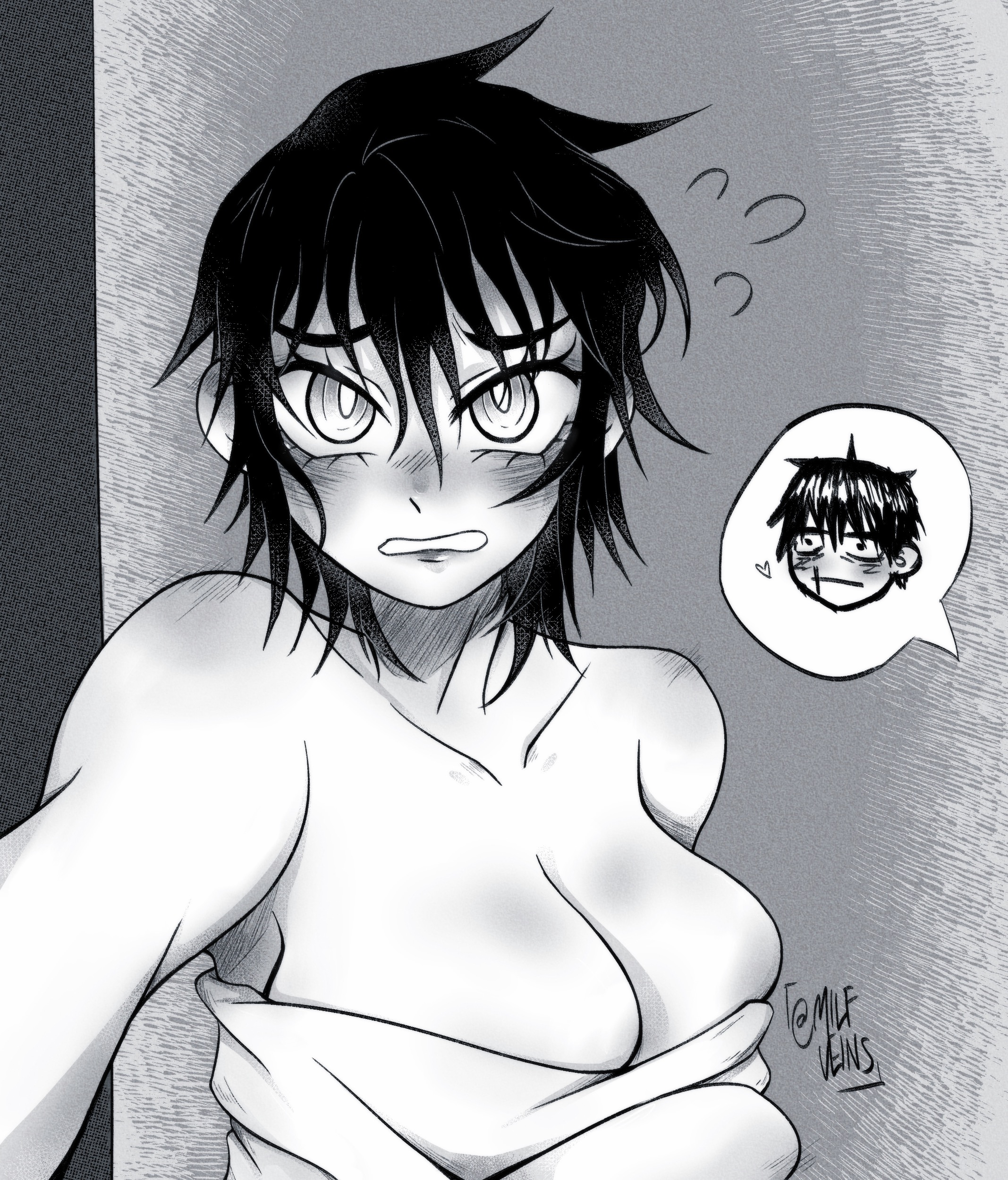 1girls, big breasts, blush, breasts, canon couple, cleavage, embarrassed, female, female focus, husband and wife, jujutsu kaisen, male, male/female, mama fushiguro, mamaguro, married couple, milf, milfudanshi, nosebleed, partially clothed, reaction bubble, reaction shot, short-haired female, solo focus, straight, toji fushiguro
