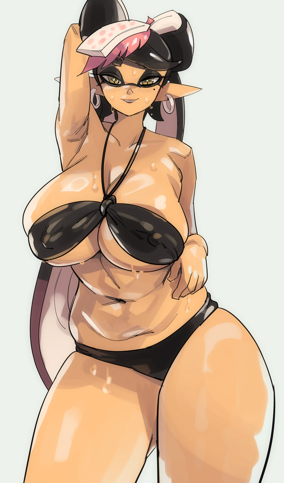 1girls, big breasts, bikini, black bikini, black body, breasts, callie (splatoon), cleavage, domino mask, earrings, female, hair ornament, huge breasts, inkling, inkling girl, large breasts, long hair, looking at viewer, mole, mole under eye, navel, nintendo, one arm up, pointy ears, simple background, solo, splatoon, splatoon (series), sweat, swimsuit, tentacle hair, thick thighs, thighs, two-tone hair, yellow eyes, yuta agc