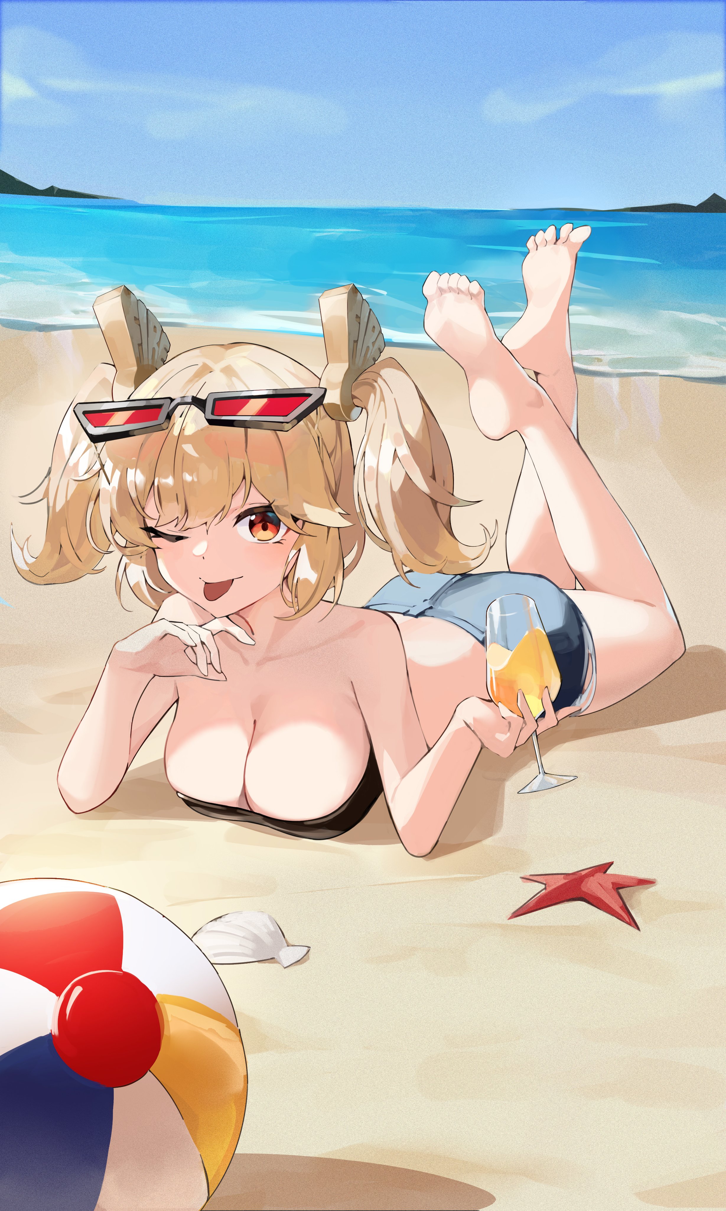 1girls, absurdres, ball (object), bare legs, bare shoulders, barefoot, beach, beachball, black tube top, blonde hair, blue sky, breasts, burnice white, cleavage, cup, denim, denim shorts, eyewear on head, feet, female, highres, holding, holding cup, large breasts, legs, lying, ocean, on stomach, one eye closed, ppangchil, red eyes, sand, shell, short hair, shorts, sky, solo, starfish, strapless, sunglasses, the pose, toes, tongue, tongue out, tube top, twintails, zenless zone zero