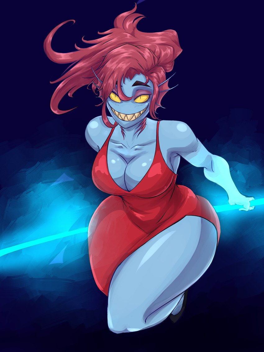 breasts, cleavage, dragmarok, dress, female, red dress, sharp teeth, smile, tagme, undertale, undertale (series), undyne, wide hips