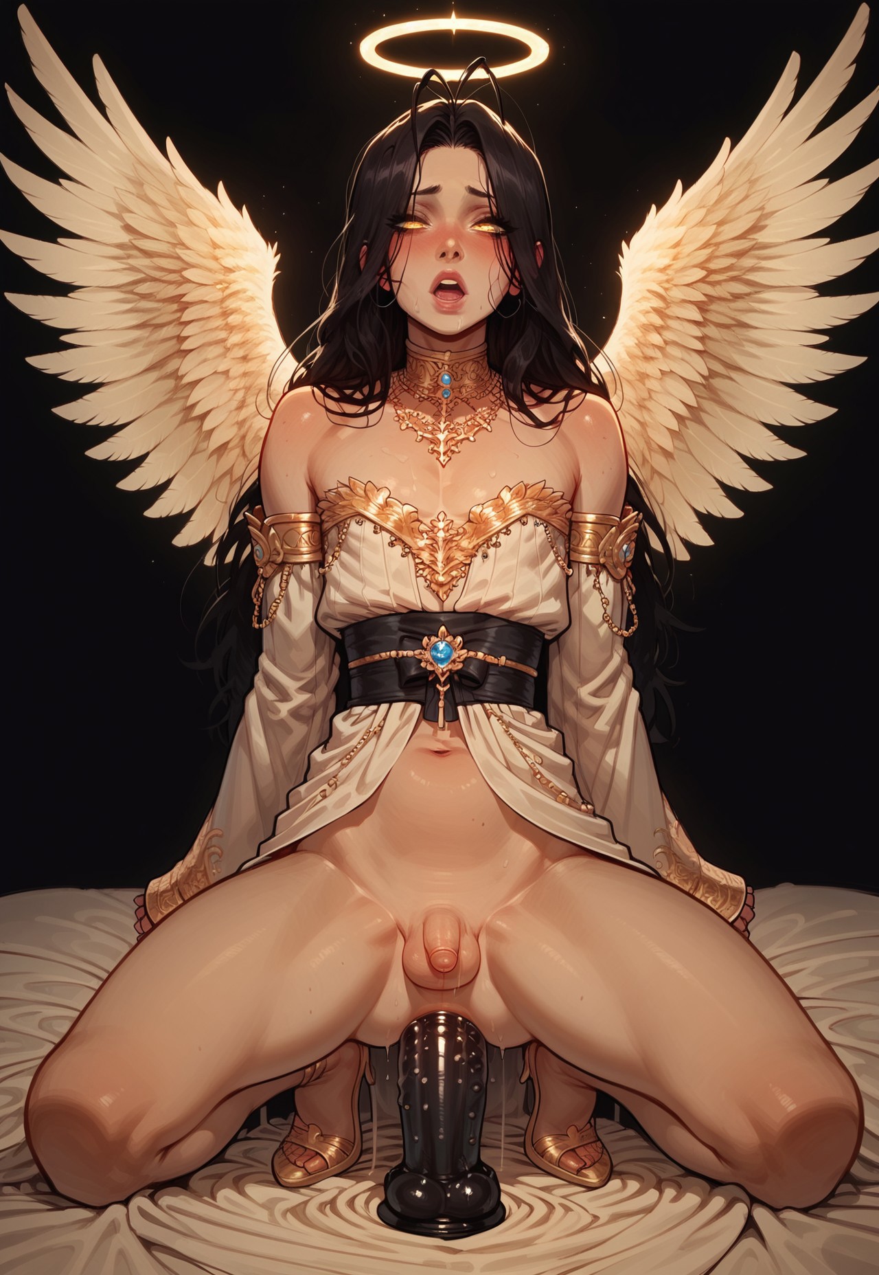 1boy, 1femboy, 2024, ahe gao, ai generated, alternate version available, anal, anal insertion, anal masturbation, angel, angel wings, balls, bare shoulders, black dildo, black hair, blush, brunoarend0, crossdressing, dildo, dildo in ass, dildo insertion, dildo riding, dildo sitting, dress, eyes rolling back, femboy, feminine male, girly, halo, high heels, looking pleasured, male, nipples, no panties, open mouth, original, original character, penis, rolling eyes, simple background, solo, squatting, testicles, thighs, tongue, trap, white dress, wings