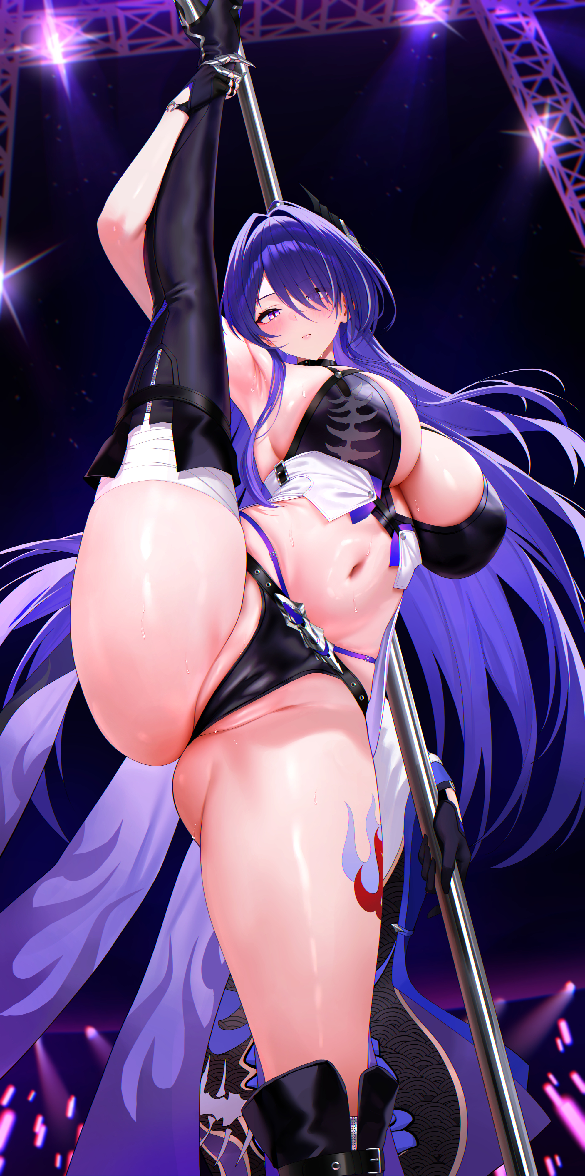 acheron (honkai: star rail), adapted costume, armpits, asymmetrical legwear, black boots, black bra, black gloves, black panties, blush, boots, bra, breasts, cameltoe, closed mouth, commission, female, gloves, hair intakes, hair ornament, holding, holding pole, honkai (series), honkai: star rail, huge breasts, kiek qaq, knee boots, leg tattoo, leg up, long hair, looking at viewer, navel, panties, partially visible vulva, pixiv commission, pole, purple eyes, purple hair, pussy, single knee boot, single thigh boot, solo, split, standing, standing on one leg, standing split, stomach, tattoo, thigh boots, thighs, underwear, uneven footwear, very long hair
