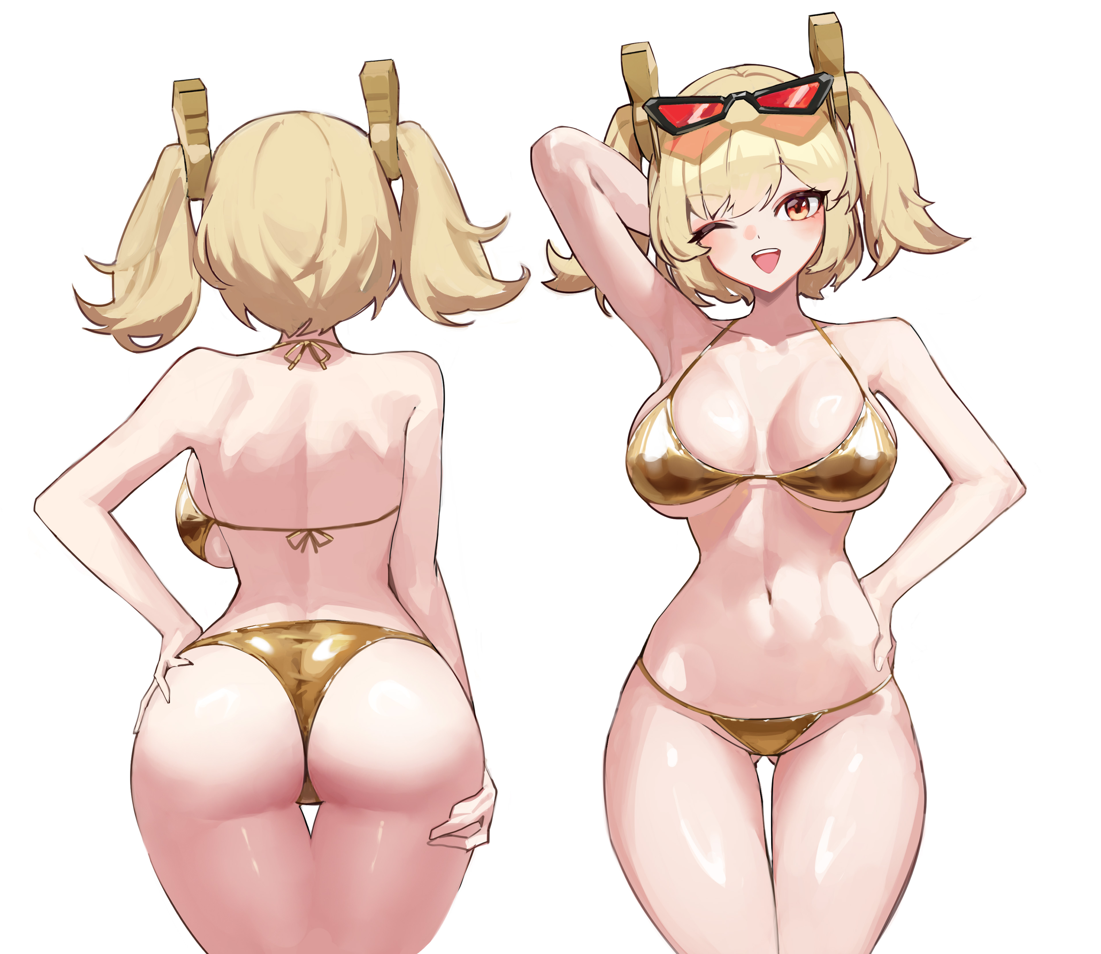 1girls, absurdres, alternate costume, arm behind head, arm up, ass, aviator sunglasses, bikini, black-framed eyewear, blonde hair, blush, breasts, burnice white, cleavage, collarbone, commentary, eyewear on head, female, gluteal fold, gold bikini, golden week, hand on own hip, highres, large breasts, looking at viewer, multiple views, navel, one eye closed, open mouth, ppangchil, red eyes, red-tinted eyewear, shiny skin, simple background, smile, sunglasses, swimsuit, thigh gap, thighs, tinted eyewear, two side up, white background, zenless zone zero