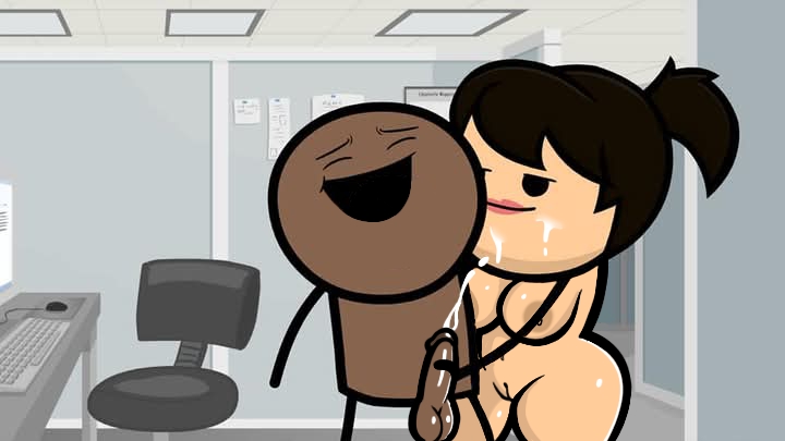 black eyes, black limbs, black male, cum on face, cumming from handjob, cyanide and happiness, dark skin, dark-skinned male, edited, edited official artwork, female, fully nude, hand on penis, handjob, japansadface, male, male and female subs, office, office chair, office sex, open mouth, penis, pink lips, ponytail, pussy, smirking, tan areola, thick thighs, white female