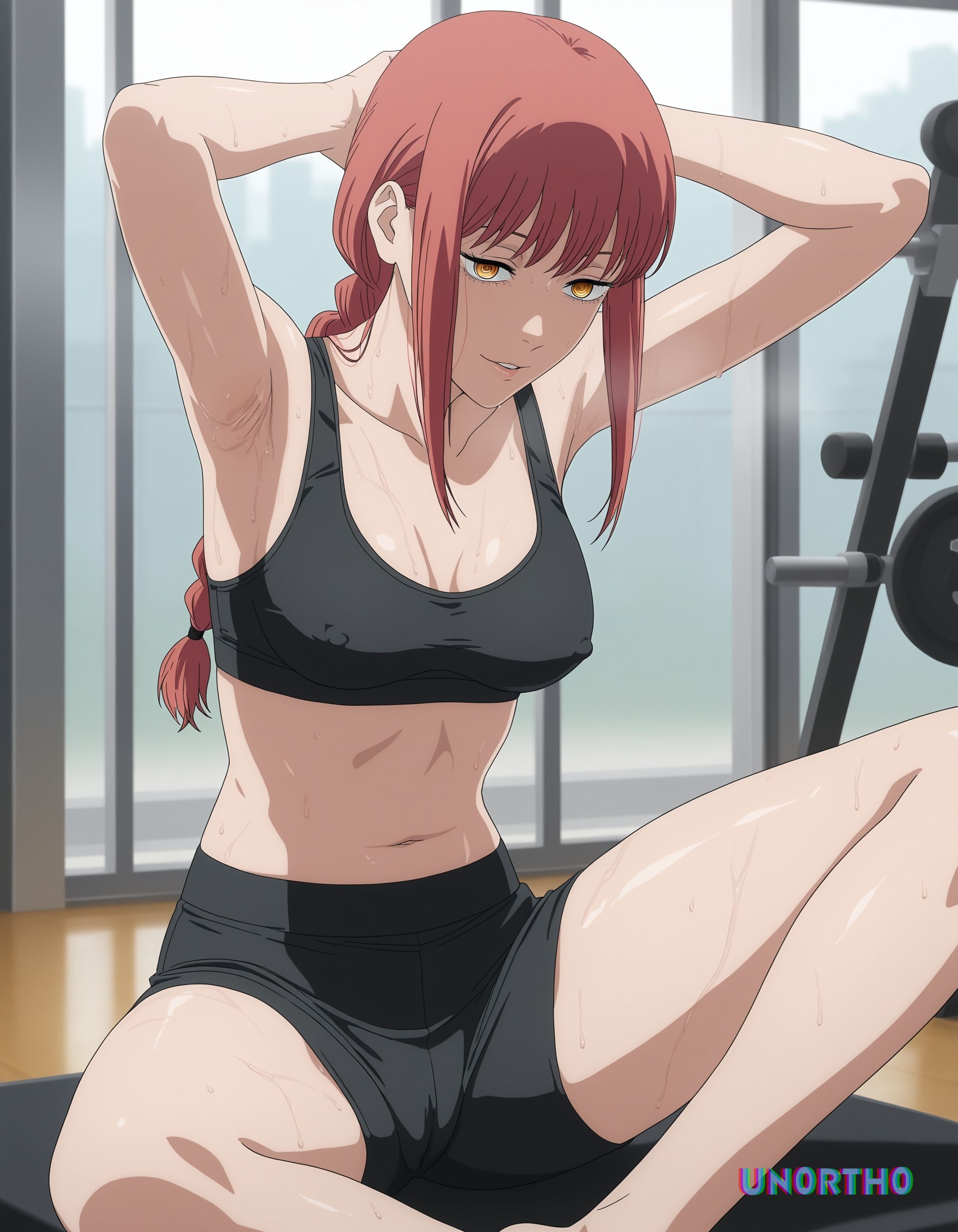 1girls, ai generated, armpits, big breasts, black bra, black panties, breasts, chainsaw man, exausted, female, fit female, gym, hi res, makima (chainsaw man), nipples visible through clothing, pussy, pussy visible through clothes, red hair, sports bra, sports shorts, sweat, sweaty, tired, un0rth0, working out, yellow eyes