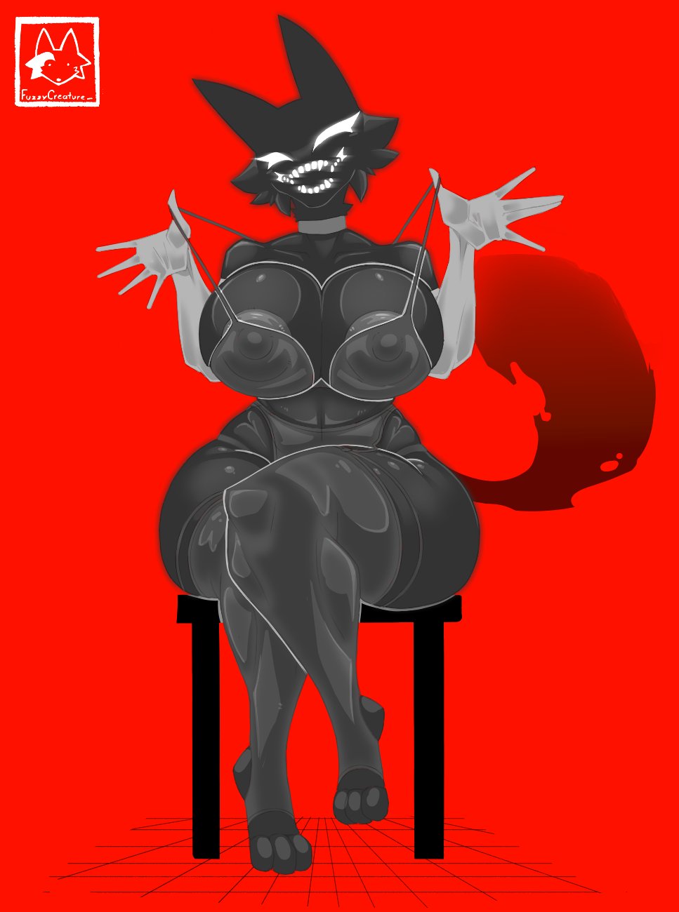 1girls, anthro, areola slip, areolae, armwear, ass, big areola, big ass, big breasts, big butt, breasts, breasts bigger than head, clothing, curvaceous, curvy, curvy figure, elbow gloves, erect nipples, erect nipples under clothes, female, female only, furry, fuzzycreature, gloves, glowing eyes, huge ass, huge breasts, looking at viewer, monster girl, mostly nude, nipples, red background, sharp teeth, sitting, smiler (the backrooms), solo, solo female, tail, the backrooms, thick thighs, voluptuous, voluptuous female, white eyes, wide hips