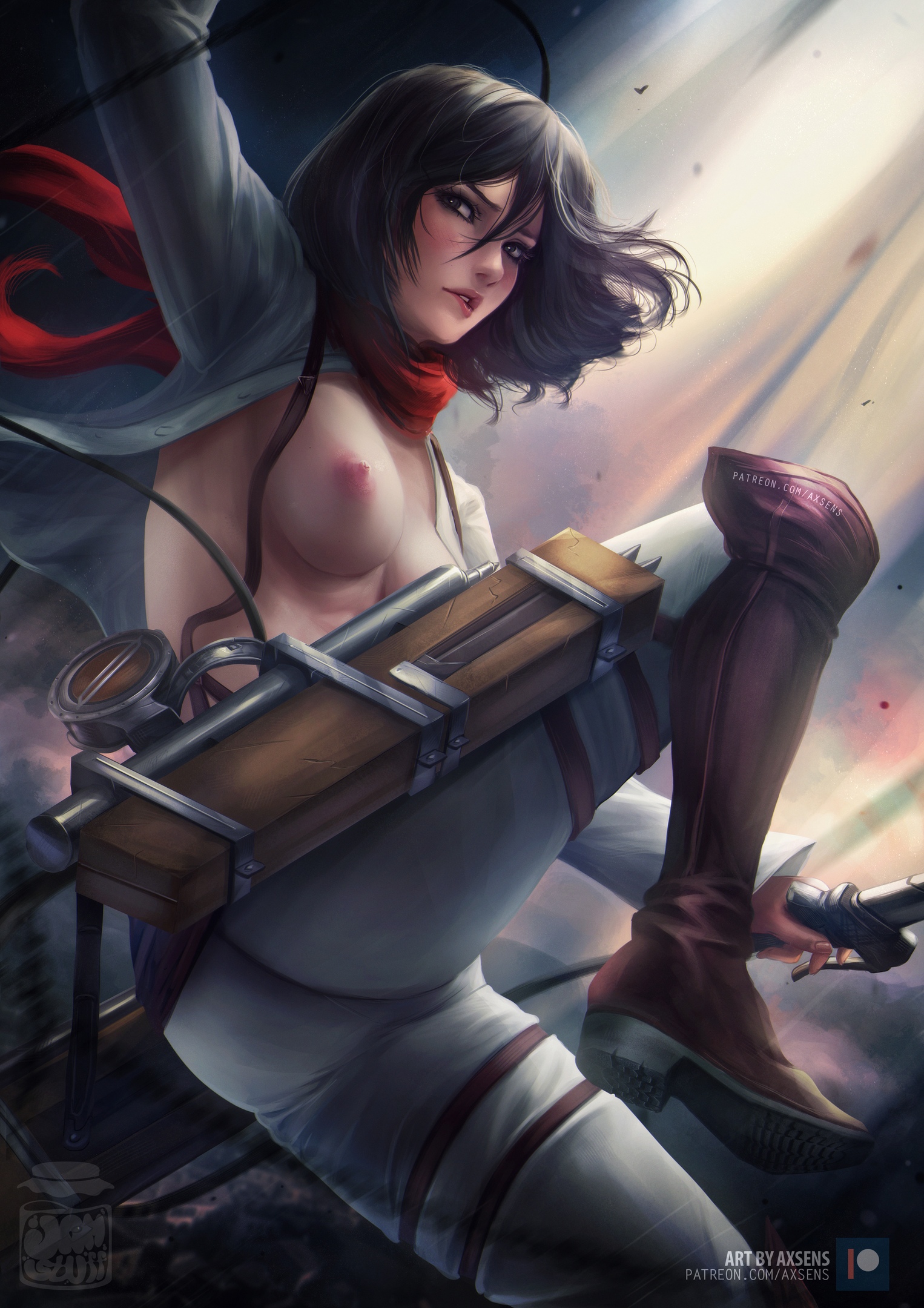 1girls, areolae, ass, attack on titan, axsens, biting lip, black eyes, black hair, breasts, eyelashes, female, female only, grey eyes, looking at viewer, medium breasts, medium hair, mikasa ackerman, nipples, pale skin, scar, scarf, shingeki no kyojin, slim, solo