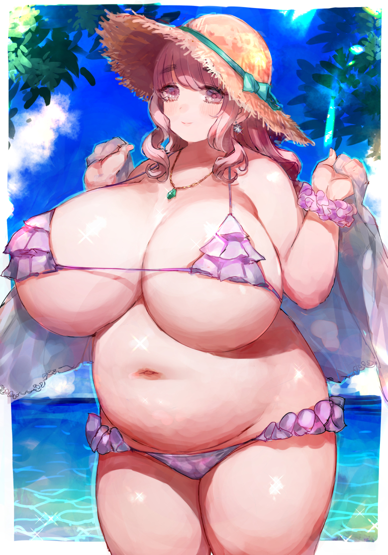 1girls, belly, bikini, breasts, c.cu, chubby, cleavage, day, female, female only, hat, huge breasts, long hair, looking at viewer, navel, outdoors, pussy, see-through, sideboob, solo, solo female, thick, thick thighs, underboob, venus body, voluptuous, water, white border