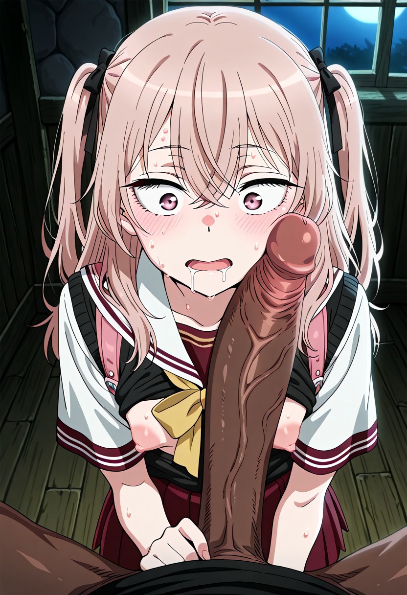 ai generated, akaz123, breasts, dark skin, dark-skinned male, drooling, female, horny female, inui sajuna, looking at penis, male, penis, penis awe, pov, shocked expression, small breasts, sono bisque doll wa koi wo suru, surprised expression