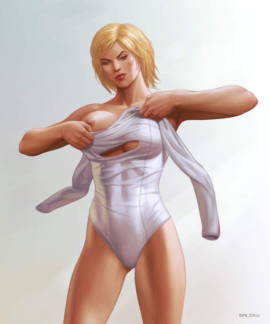 abs, balziku, big breasts, blonde hair, blue eyes, breasts, breasts too big, dc, dc comics, dressing, female, female only, inconvenient boobs, inconvenient breasts, looking at own breasts, looking down at breasts, muscles, muscular, muscular female, nipples, power girl, putting supersuit on, suiting, suiting up, superman (series), undersized clothes, wardrobe malfunction