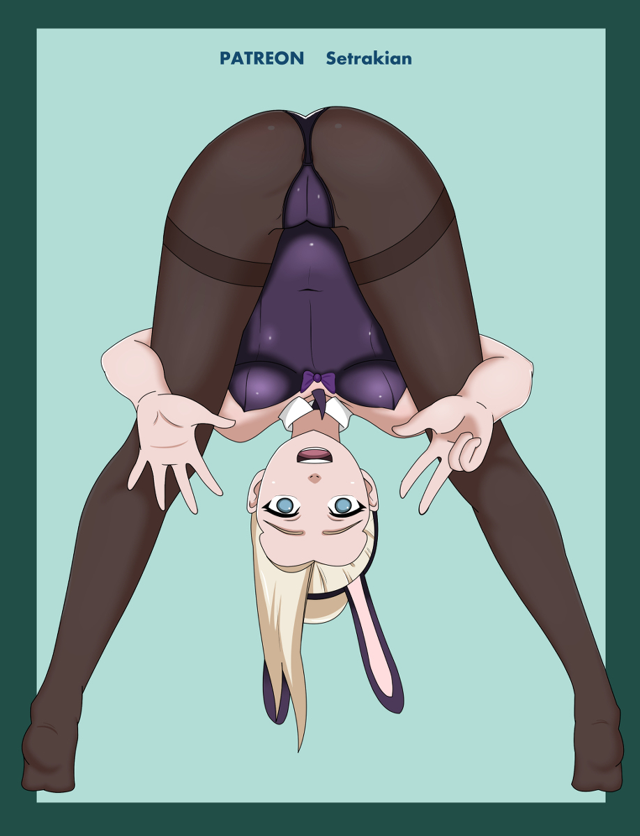 1girls, ass, blonde hair, blue background, blue eyes, breasts, bunny costume, feet, female, female only, gesture, human, ino yamanaka, looking at viewer, looking back, looking through legs, naruto, naruto (series), pantyhose, setrakian, smile, soles, spread legs, standing, text, v, watermark
