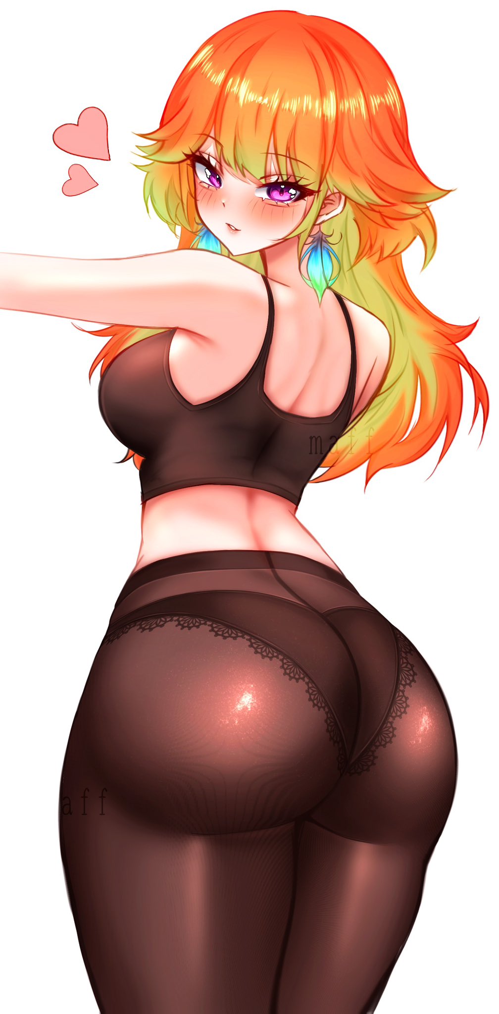 about to burst, ass, ass too big, barely contained, barely contained ass, barely fits, black panties, black pantyhose, blush, breasts, crop top, female, from behind, green hair, hair between eyes, heart, highres, hololive, hololive english, hololive myth, imminent wardrobe malfunction, lace, lace trim, lace-trimmed panties, long hair, looking at viewer, looking back, medium breasts, meowmaffura, multicolored hair, orange hair, panties, pantyhose, parted lips, purple eyes, simple background, solo, spaghetti strap, takanashi kiara, tight fit, too tight, undersized clothes, undersized clothing, underwear, very long hair, virtual youtuber, white background