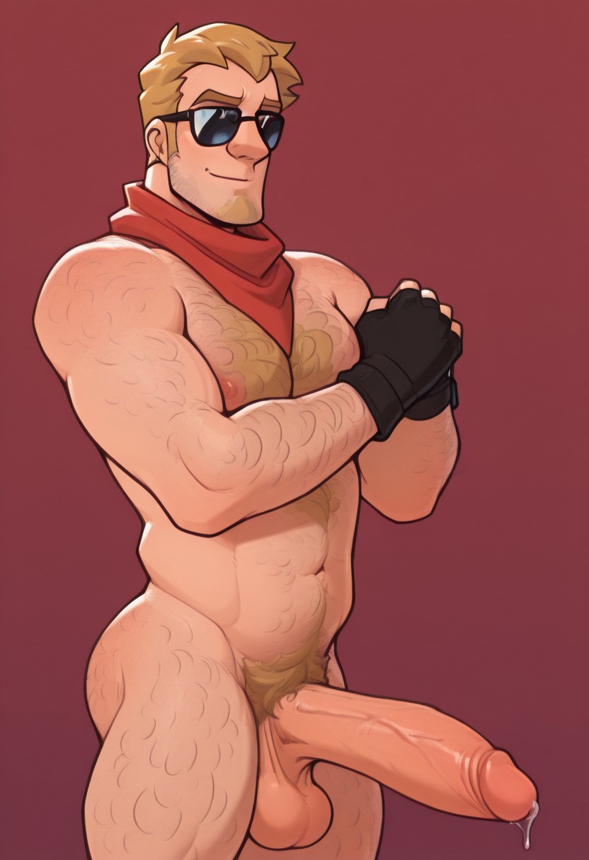 ai ai_generated big_penis blonde_hair civitai fortnite fortnite:_battle_royale gay hairy hairy_chest hairy_male huge_cock jonesy_(fortnite) large_penis male male_focus male_only muscles muscular muscular_male precum solo_male stubble sunglasses vengeance_jones