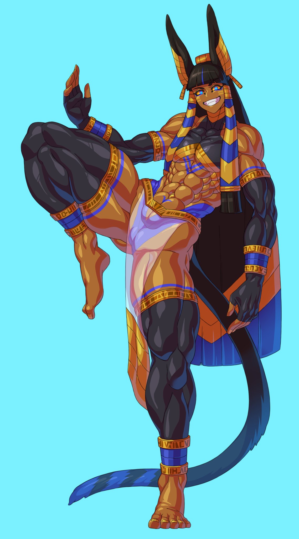 1girls, abs, absurd res, animal humanoid, anubis, biceps, big ears, big muscles, black hair, blue eyes, blue tongue, bodybuilder, bodypaint, brown body, brown skin, cameltoe, canid, canid humanoid, canine, canine humanoid, clothed, clothing, dark body, dark skin, dark-skinned female, egyptian, egyptian clothing, egyptian headdress, face paint, female, female only, female pecs, flat chest, grin, hair, heart symbol, hi res, huge pecs, humanoid, hutago, jackal humanoid, legwear, long hair, mammal, mammal humanoid, monster girl, muscles, muscular, muscular female, muscular legs, muscular thighs, navel, outie navel, pecs, pupils, pussy, quads, raised arms, skimpy, slit pupils, smile, solo, tattoo, text, thigh highs, yellow sclera