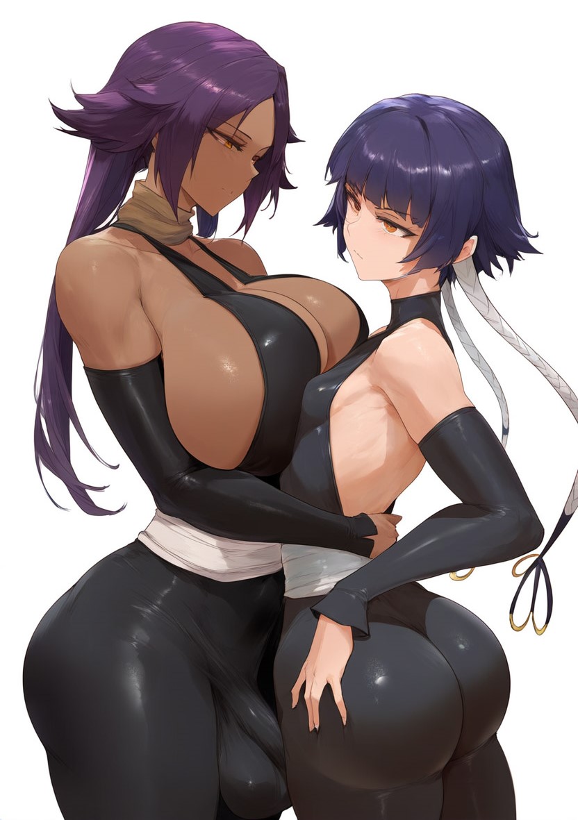 2girls, ai generated, ass, bare shoulders, black hair, bleach, breast press, breasts, bulge through clothing, cleavage, dark skin, detached sleeves, elbow gloves, female, futa with female, futanari, huge breasts, intersex, long hair, ponytail, purple hair, racerai, shihouin yoruichi, shiny, short hair with long locks, soifon, sui-feng, teacher and student, thick thighs, thighs, yellow eyes, yuri