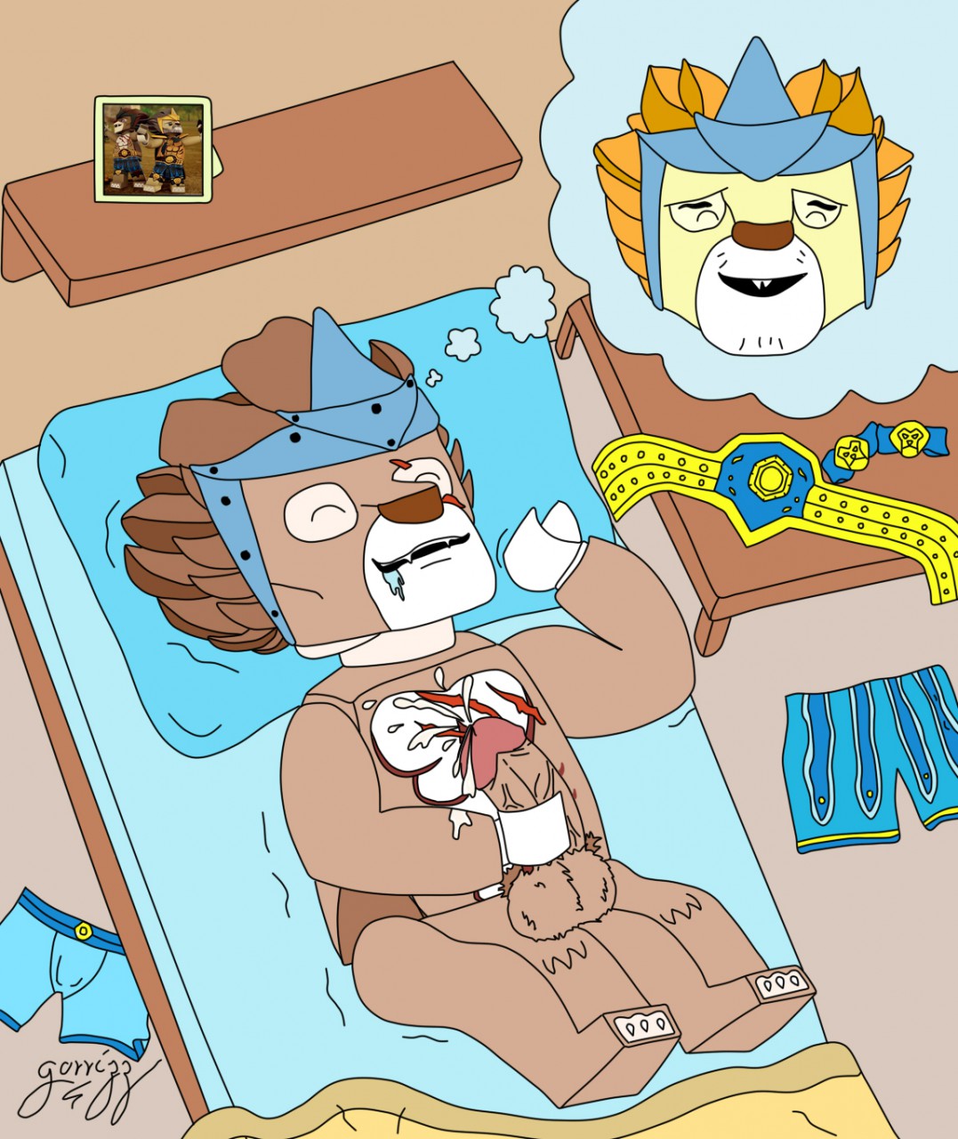10s 1boy 2016 balls bed cum cumshot dreaming erection feline flat_colors fur furry furry_only gay gorrizz lagravis_(legends_of_chima) legends_of_chima lego lego_minifigure leonidas_(legends_of_chima) lion longtooth_(legends_of_chima) male male_only naked penis sleeping solo tagme veiny_penis yaoi