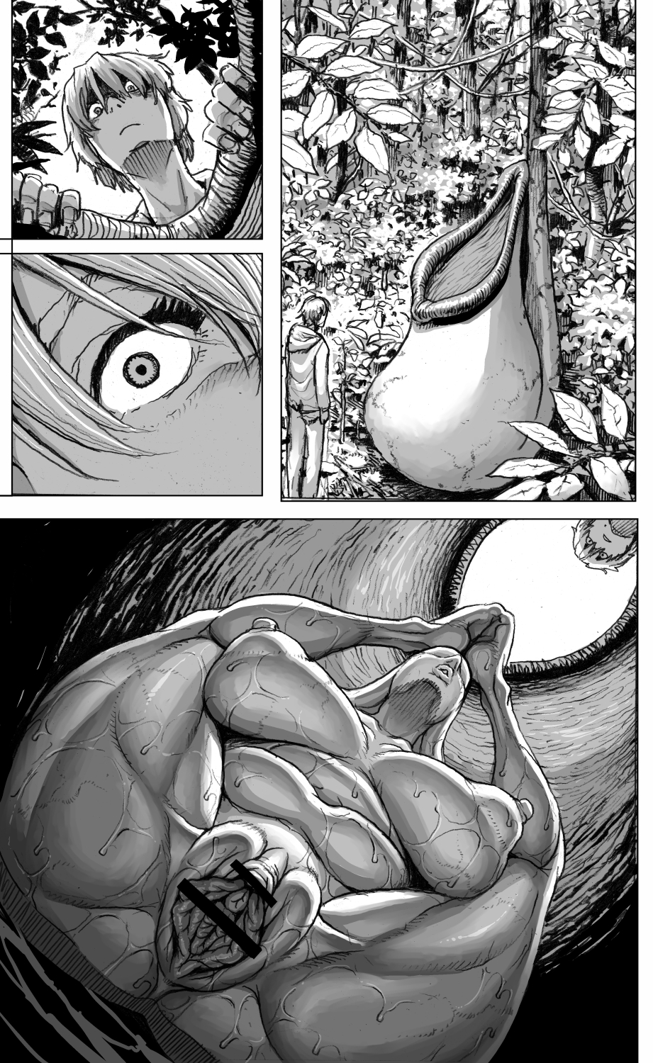 1boy, 1girls, barefoot, big breasts, bimbo, black and white, breasts, busty, censored, curvy, dangerous, detailed background, double deck, erect nipple, erect nipples, eyelashes, female, female monster, front view, humanoid, legs apart, legs up, male, monster, monster girl, naked, nipples, no face, nude, nude female clothed male, open mouth, plant girl, puffy pussy, pussy, raised leg, shaved pussy, spread legs, spreading, sweat, swollen pussy, thick thighs, voluptuous