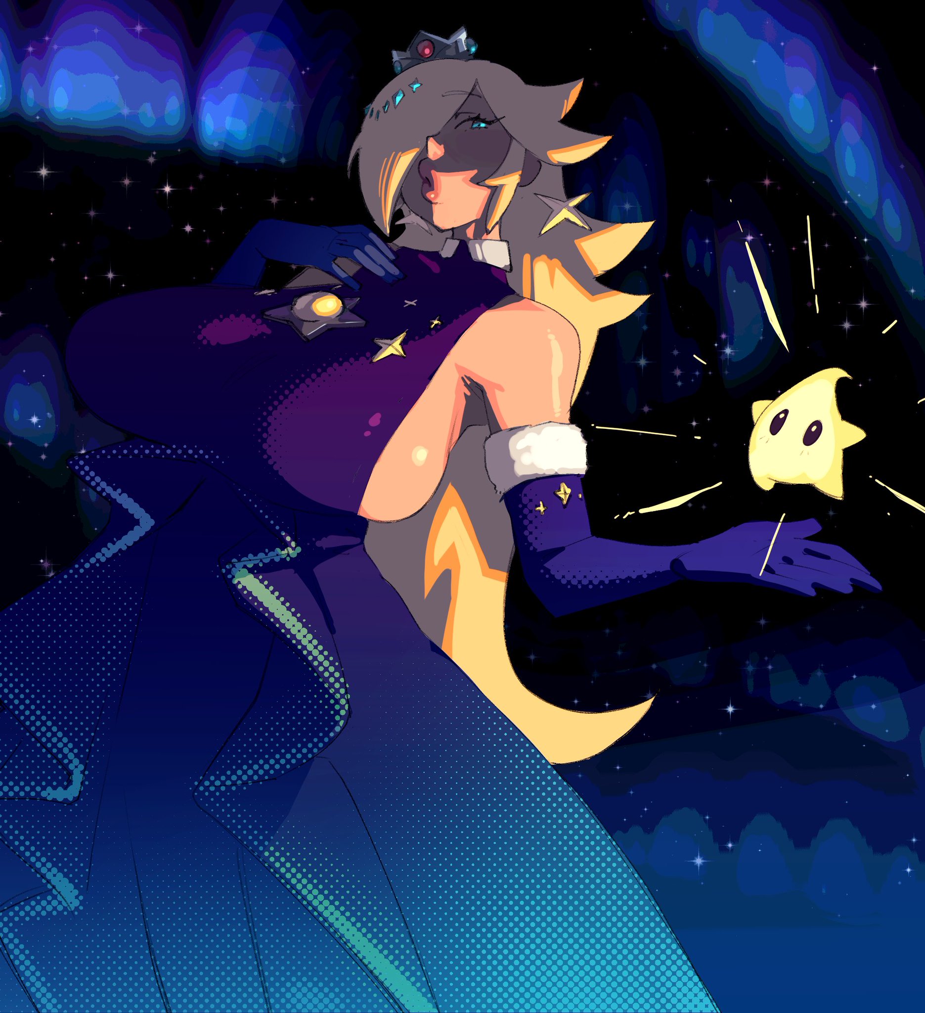 aurora, blonde hair, blue dress, blue eyes, blue gloves, breasts, crown, dress, elbow gloves, female, female focus, gloves, hair over one eye, highres, huge breasts, long hair, luma, mario (series), mario kart, mario kart tour, nintendo, open mouth, piku184, princess rosalina, princess rosalina (aurora), shiny skin, solo, standing