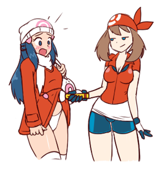 2girls assisted_exposure bike_shorts breasts clothed dawn_(pokemon) embarrassed female_only human human_only may_(pokemon) nintendo panties pokemon pokemon_dppt pokemon_rse white_background yondu yuri