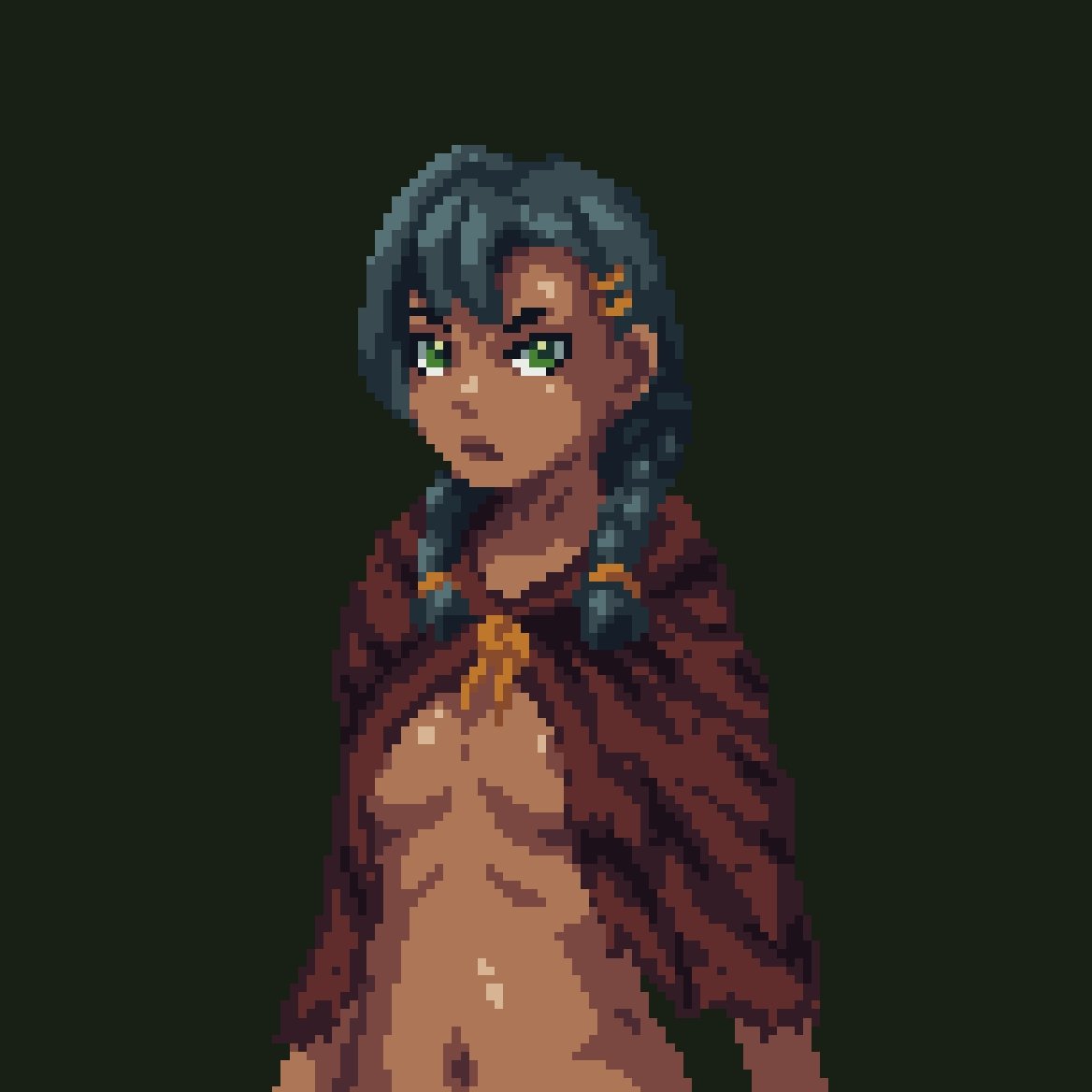 1girls, belly, belly button, black hair, breasts, brown body, brown nipples, brown skin, cape, cape only, female, female only, green eyes, lona (lonarpg), lonarpg, long hair, medium breasts, nipples, no bra, no panties, pixel art, ponytail, rom34t