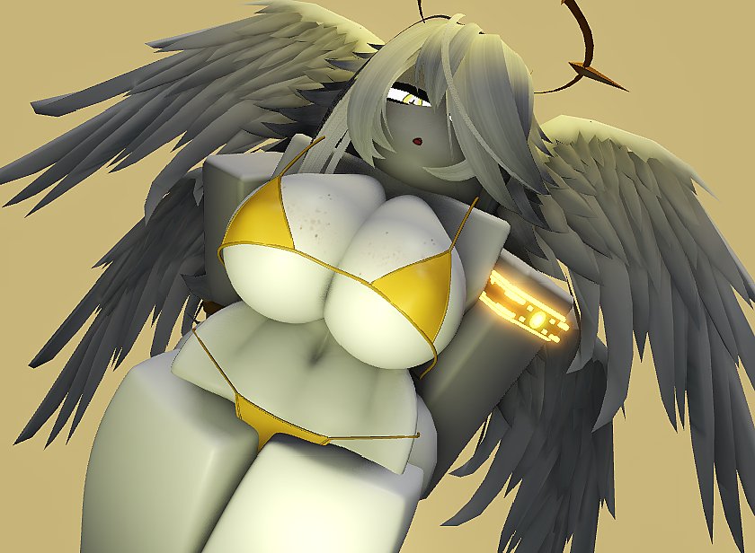 1girls 3d angel artist_request big_breasts bikini female halo roblox robloxian source_request tagme thighs wether_soulfile white white_hair white_skin wings yellow_bikini