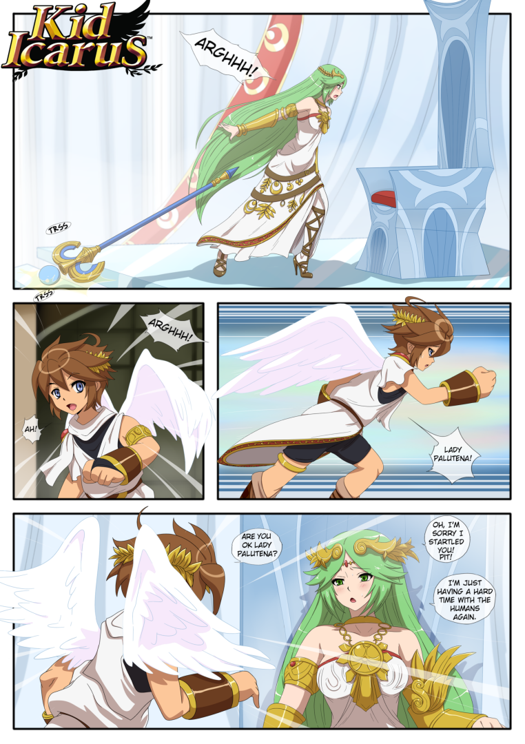 age_difference angel brown_hair comic dialogue fanfiction goddess gold green_hair high_heels inusen kid_icarus kid_icarus_uprising long_hair nintendo palutena pit pit_(kid_icarus) short_hair tagme wings