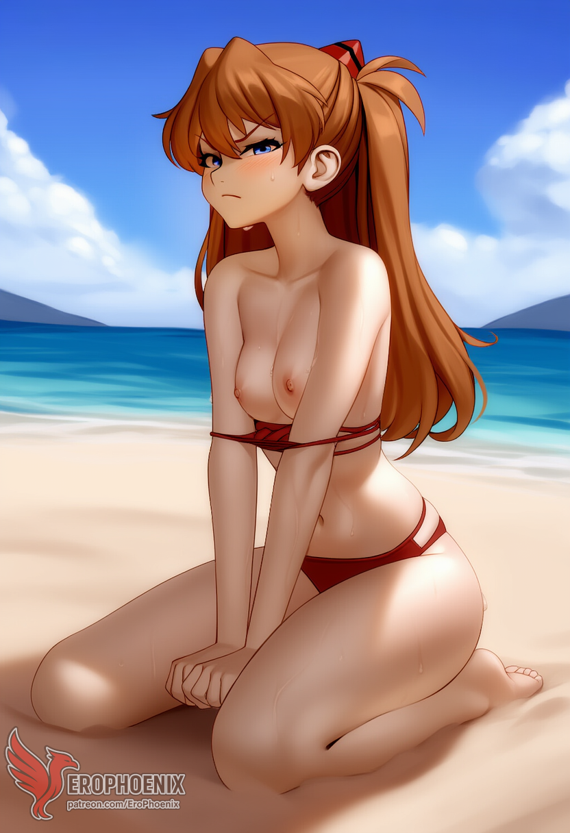 1girls 2d ai_generated areolae ass asuka_langley_sohryu back bare_shoulders beach big_ass bikini bikini_pull bikini_top blue_eyes day erophoenix female female_focus full_body long_hair looking_at_viewer neon_genesis_evangelion ocean orange_hair outdoors pale_skin pale_skinned_female patreon_username red_bikini sky small_breasts solo swimsuit thick thick_thighs uncensored