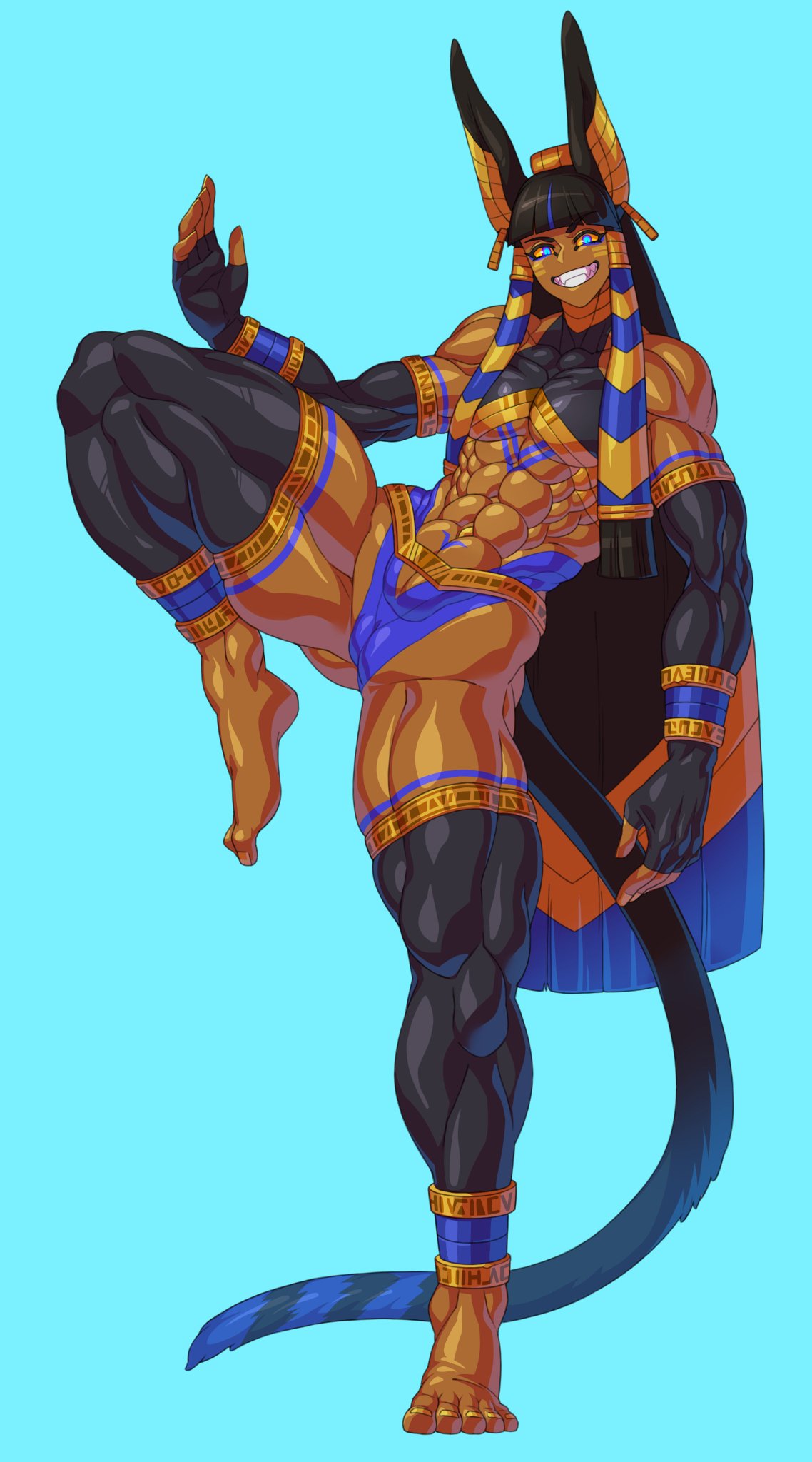 1girls, abs, absurd res, alternate version available, animal humanoid, anubis, biceps, big ears, big muscles, black hair, blue eyes, blue tongue, bodybuilder, bodypaint, brown body, brown skin, cameltoe, canid, canid humanoid, canine, canine humanoid, clothed, clothing, dark body, dark skin, dark-skinned female, egyptian, egyptian clothing, egyptian headdress, face paint, female, female only, female pecs, flat chest, grin, hair, heart symbol, hi res, huge pecs, humanoid, hutago, jackal humanoid, legwear, long hair, mammal, mammal humanoid, monster girl, muscles, muscular, muscular female, muscular legs, muscular thighs, navel, outie navel, pecs, pupils, pussy, quads, raised arms, skimpy, slit pupils, smile, solo, tattoo, text, thigh highs, yellow sclera