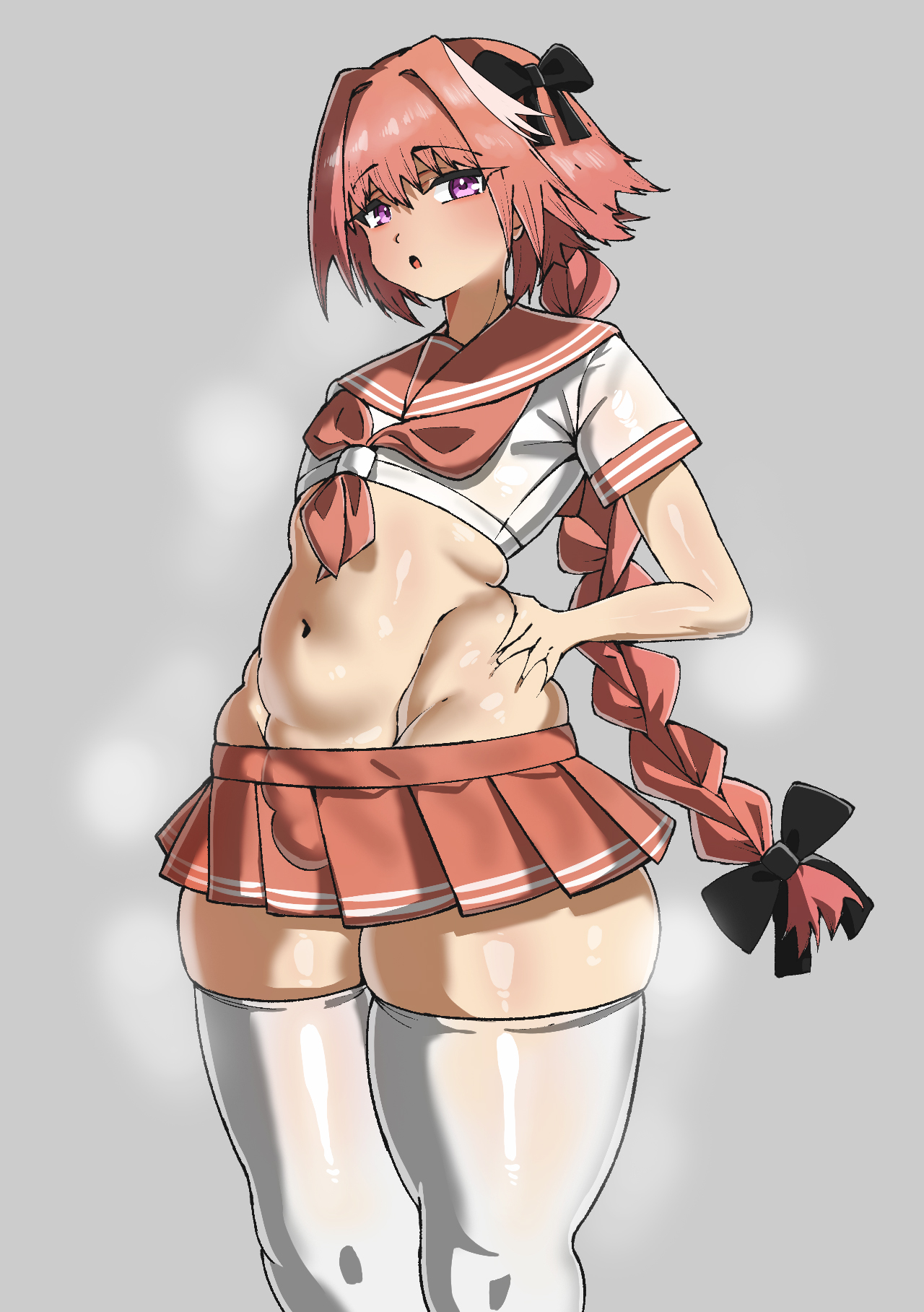1boy, ass, astolfo (fate), astolfo (fate/apocrypha), bare midriff, braided ponytail, event13, fate/apocrypha, femboy, light skin, light-skinned male, male, male only, otoko no ko, otokonoko, penis, sailor uniform, simple background, solo, standing, thick ass, thick legs, thick thighs, wide hips
