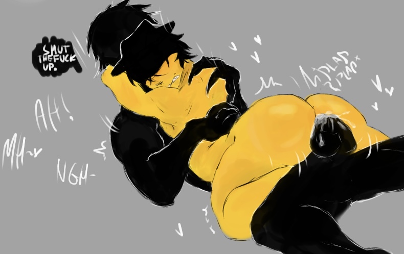 2boys, anal, ass, balls, big ass, big balls, big penis, black body, cowgirl position, gay, gay domination, mafioso (dream game), male, male only, null, null (the broken script), penis, rough sex, short hair, text, yellow body