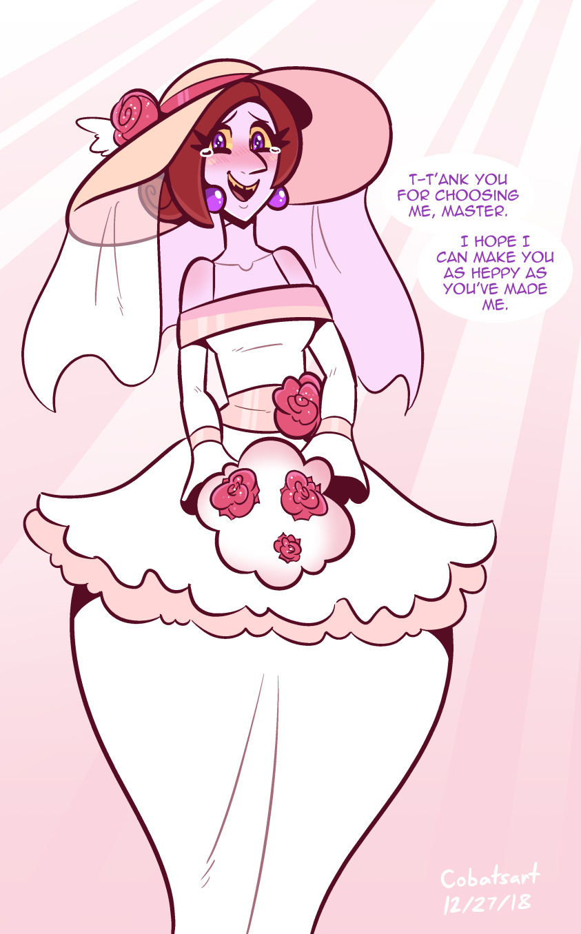 1girls, 2018, accent, artist name, artist signature, choker, clothed female, cobatsart, crying, cute, dialogue, earrings, female, female focus, female only, flower in hat, flowers, hair bun, happy crying, happy tears, hat, holding flowers, holding object, in love with viewer, light skin, light-skinned female, loving, loving look, monster, monster girl, no nude, no sex, nostrils, pale skin, pale-skin, pale-skinned female, pink, pointy nose, pov, pov eye contact, purple earrings, purple pupils, red hair, rose, short hair, shoulders exposed, smiling, sun hat, sunlight, sweet, talking to viewer, thick thighs, thin waist, vampire, vampire girl, vampire teeth, victoria (cobatsart), wedding, wedding dress, wedding veil, wholesome, yellow eyes, yellow teeth