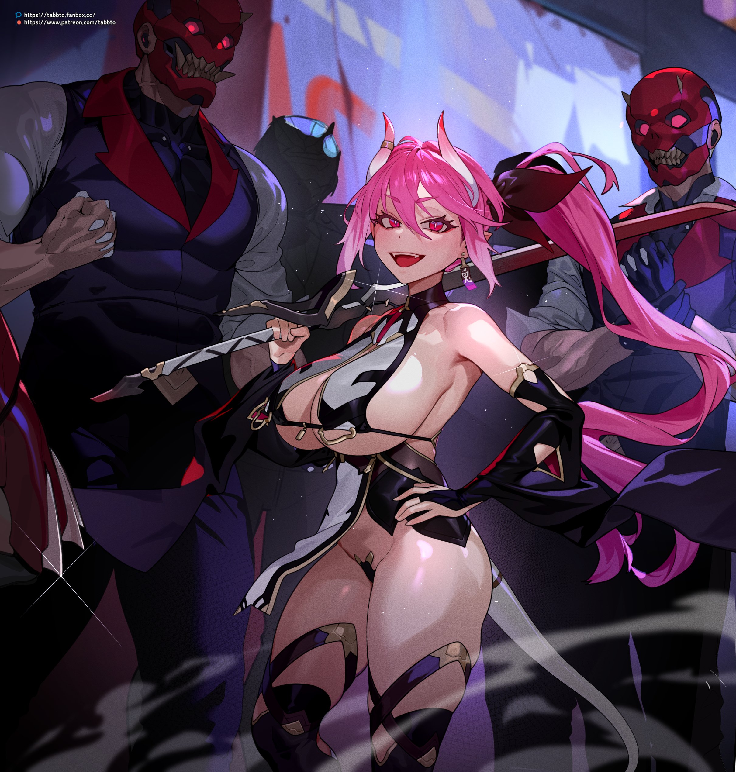 6+boys, absurdres, bare shoulders, borrowed character, breasts, female, height difference, highres, holding, holding weapon, horns, huge breasts, imminent gangbang, male, masked, multiple boys, multiple males, navel, original, pink hair, revealing clothes, side ponytail, sideboob, size difference, smug, sohn woohyoung, surrounded, underboob, weapon