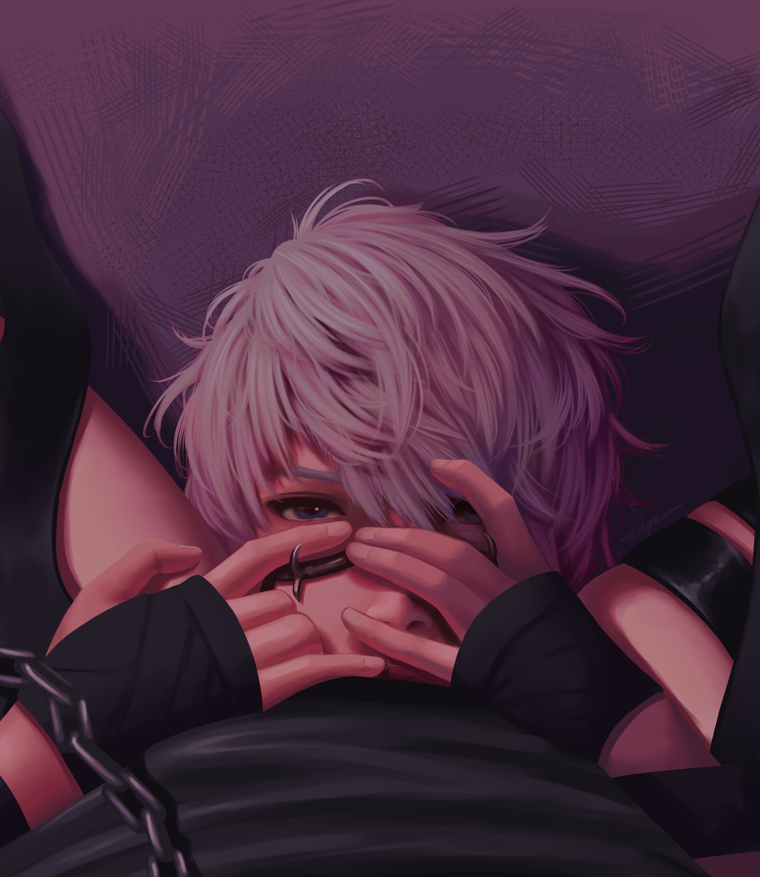 1boy, 1girls, blue eyes, clothed, cunnilingus, facesitting, facesitting pov, female, grey hair, looking at viewer, love and deep space, male, xavier (love and deep space)