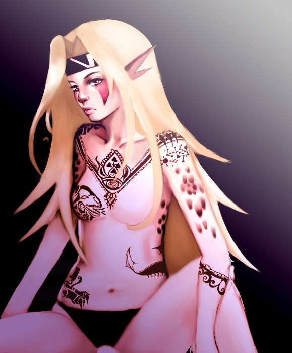 blonde_hair camelot dragon dragon_girl dragon_tattoo eye_marks female female female_only glassflesh golden_sun long_hair menardi menardi_(golden_sun) nintendo panties pink_skin scales solo tattoo tattoos topless very_long_hair