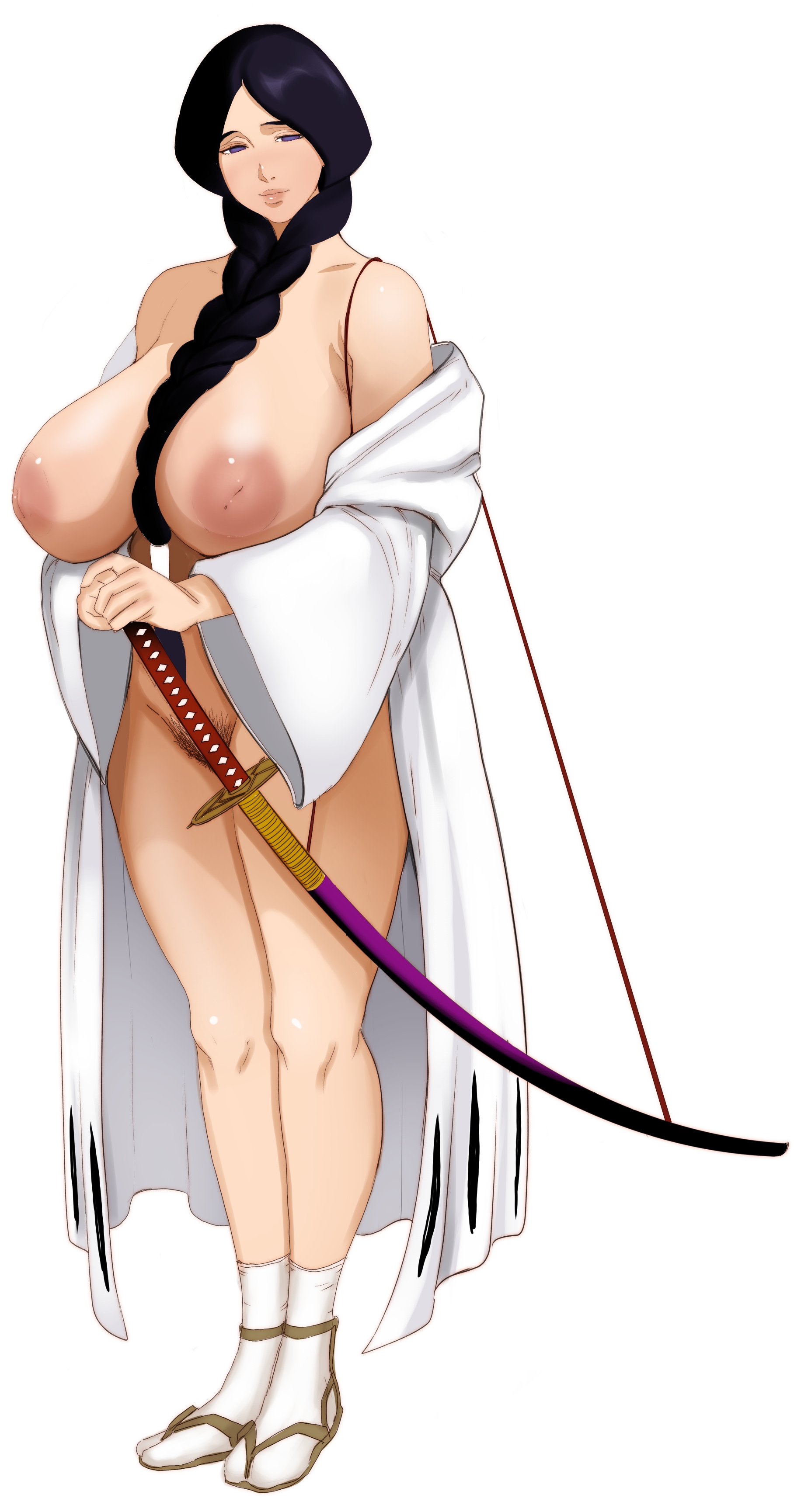 big breasts, bleach, breasts, busty, female, inverted nipples, jnsdh, long , long hair, milf, pubic hair, sword, thick thighs, unohana retsu, white skin