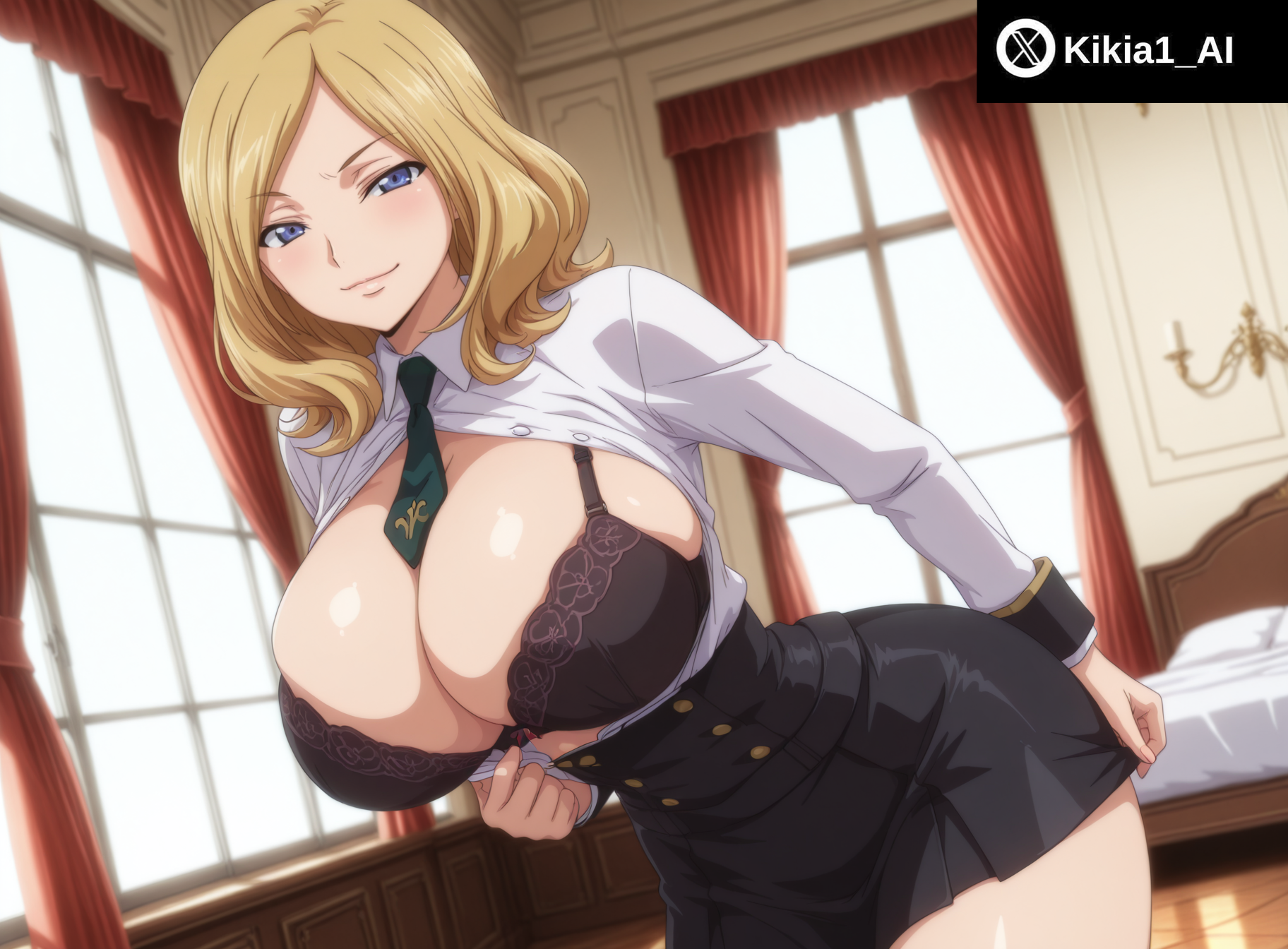 ai generated, ass, big ass, big breasts, blonde hair, bra, breasts, code geass, female, female focus, female only, indoors, kikia1, large breasts, leaning forward, milly ashford, open shirt, short hair, standing, undressing, wide hips