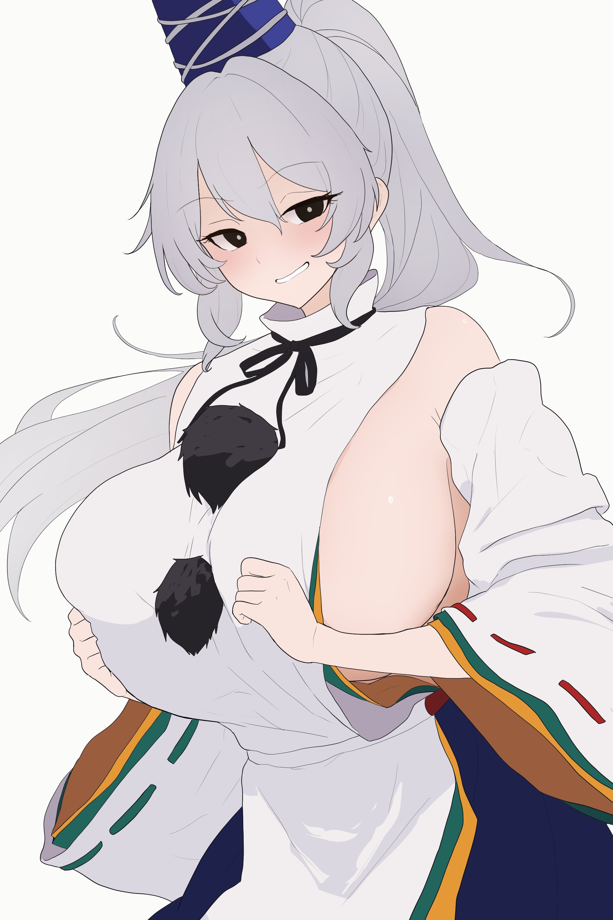 1girls, absurd res, black eyes, blush, breasts, female, hat, highres, huge breasts, japanese clothes, long hair, mononobe no futo, moriforest1040, nose, ponytail, sideboob, simple background, smile, teeth, touhou, white background, white hair