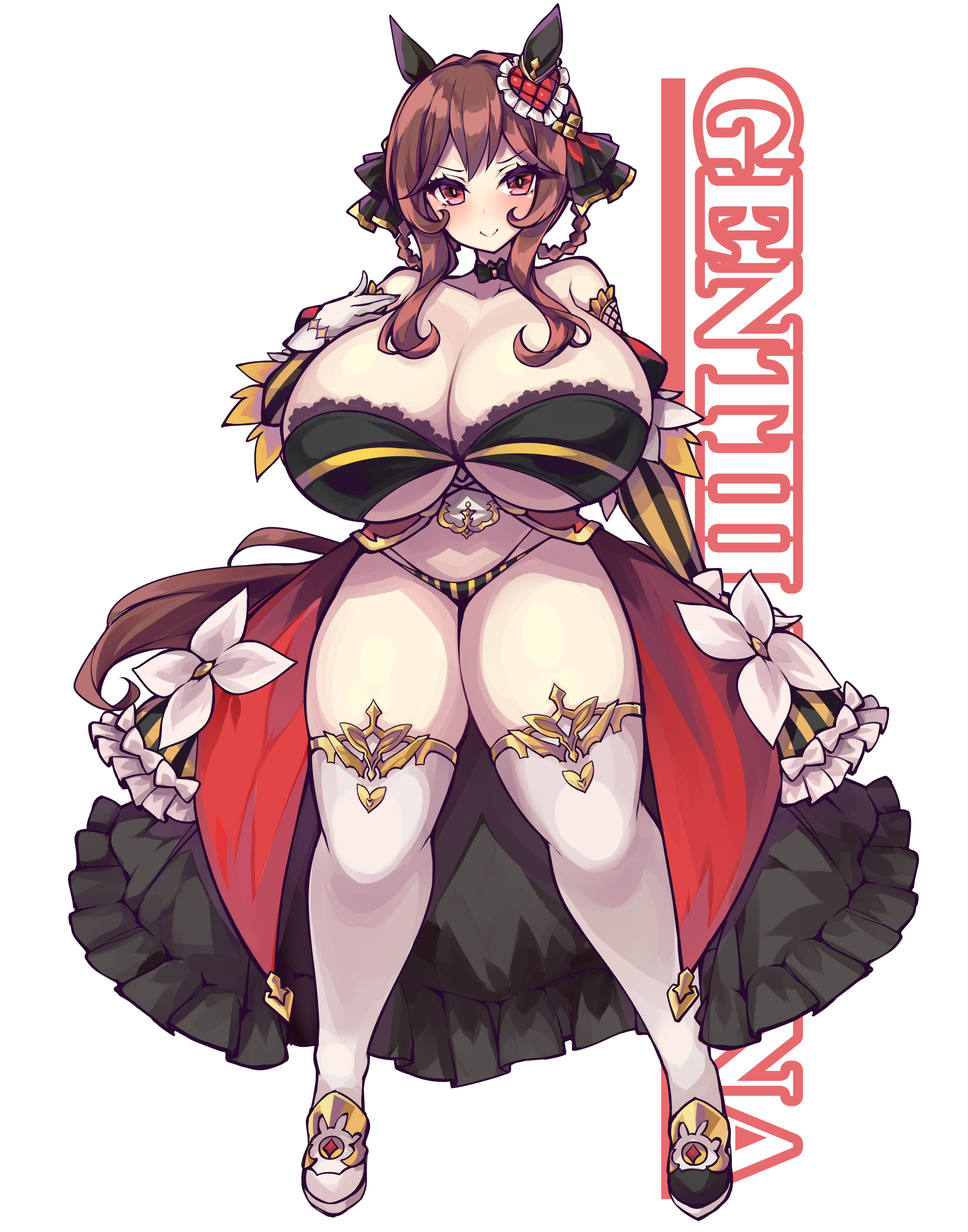 1girls, blush, bra, braided hair, breasts, breasts bigger than head, brown hair, character name, cleavage, dress, female, female only, full body, gentildonna (umamusume), gloves, horse ears, horse girl, huge breasts, lingerie, looking at viewer, red eyes, smile, solo, thick thighs, thighhighs, tsumugie, umamusume, umamusume pretty derby, underboob
