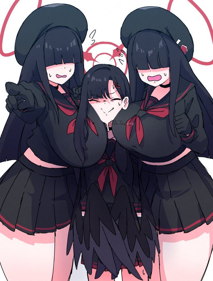 3girls, aged up, alternate breast size, big breasts, black hair, blue archive, blunt bangs, breasts, dr yamero, female, female only, gloves, hair over eyes, halo, ichika (blue archive), justice task force (blue archive), justice task force member (blue archive), long hair, non-canonical breasts, pleated skirt, school uniform, serafuku, skirt, squeezed, trinity general school student, video game character, wide hips, wings