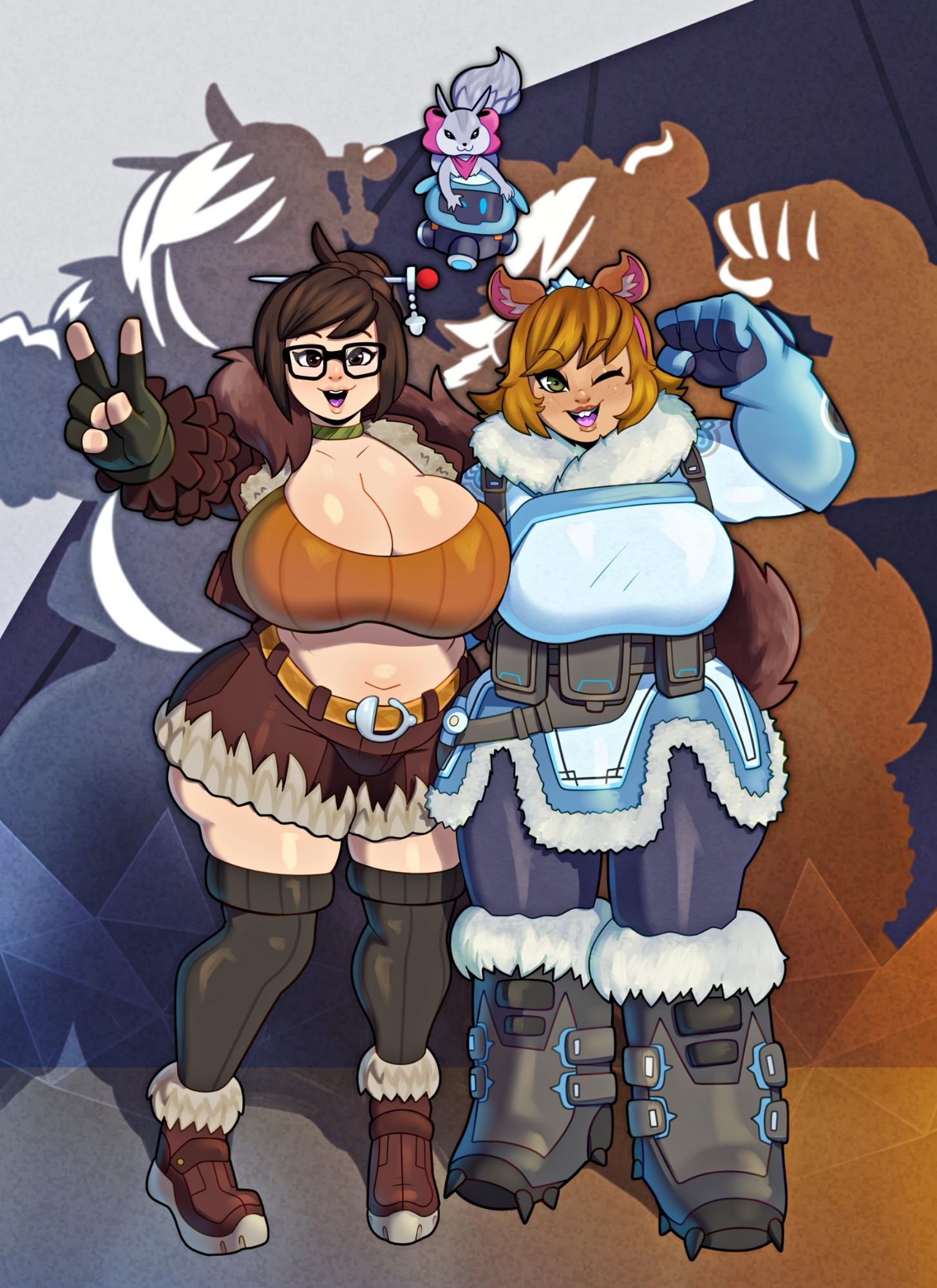 2d, 2girls, animal ears, big breasts, breasts, brown eyes, brown hair, cleavage, cosplay, costume swap, costume switch, crossover, female, female only, glasses, green eyes, huge breasts, large breasts, marvel, marvel comics, marvel rivals, mei (overwatch), mei (overwatch) (cosplay), multiple girls, outfit swap, overwatch, overwatch 2, short hair, somescrub, squirrel girl (cosplay), squirrel girl (marvel rivals), squirrel girl (marvel), tail, tippy-toe