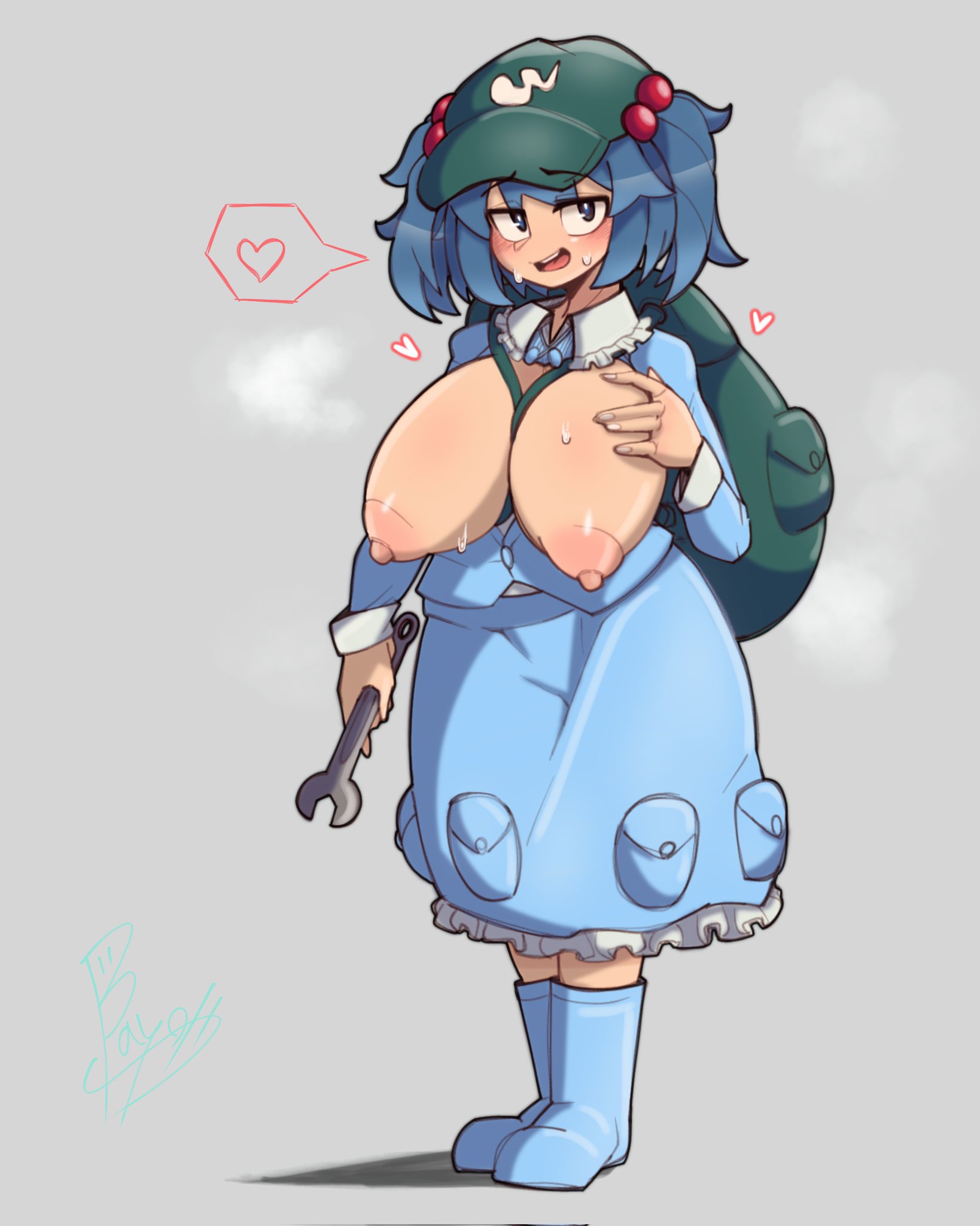 1girls, 2025, backpack, bayonet (artist), big breasts, blue clothing, blue eyes, blue hair, blush, boots, breasts, breasts out, cleavage, female, female only, hat, heart, hi res, huge breasts, nitori kawashiro, short hair, sweat, thick thighs, thighs, touhou, twintails, wrench